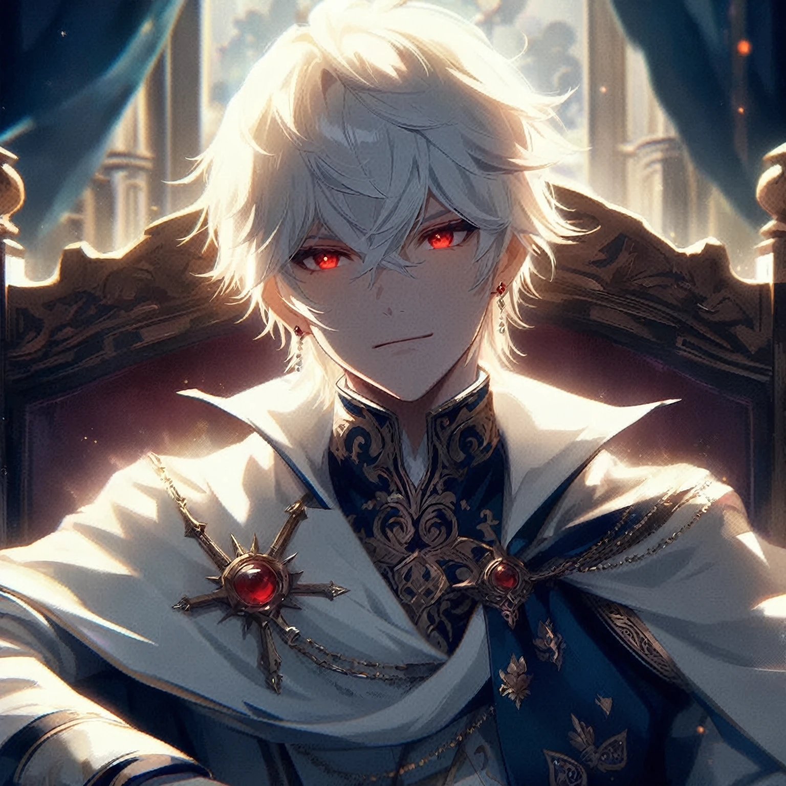 anime, A white-haired, red-eyed man was sitting on a chair., Portrait of a magical blond prince, beautiful androgynous prince, best anime 4k konachan wallpaper, The delicate androgynous prince, detailed digital anime art, Handsome young man in the art of defeating demons, genshin, 4k anime wallpaper, anime art wallpaper 8 k, anime art wallpaper 4k