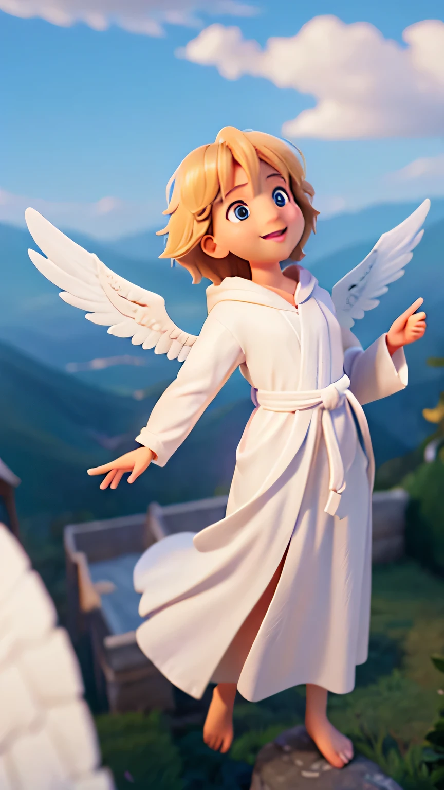 motion scene, angel flying quickly in the sky among the clouds, 14 years old, wearing white robe, smiling happily, with detailed eyes, extremely detailed face, full body, intricate robes, warm lighting, vibrant colors, photorealistic, 8k, works masters, cinematographic composition, spectacular lighting. volumetric lighting, chiaroscuro, divine, spiritual, serene, hopeful, bright aura, 4k, ultra detail