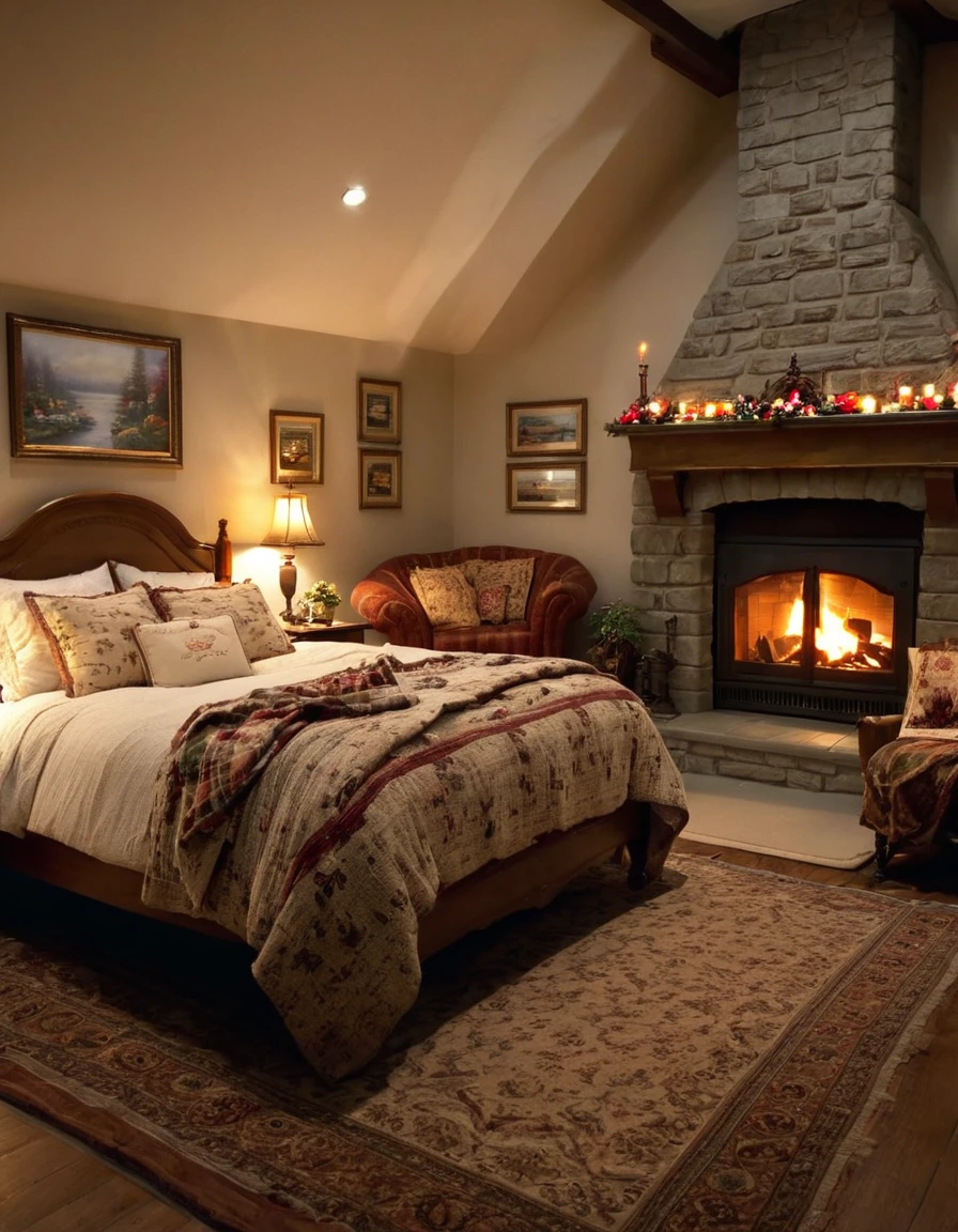 arafed bedroom with a fireplace and a bed with a blanket, thomas kinkade. cute cozy room, cozy and calm, cozy setting, very cozy, cozy wallpaper, cozy room, cozy place, cozy and peaceful atmosphere, cosy enchanted scene, cozy candlelight, cozy environment, cozy bed, soothing and cozy landscape, cozy atmosphere, cosy fireplace