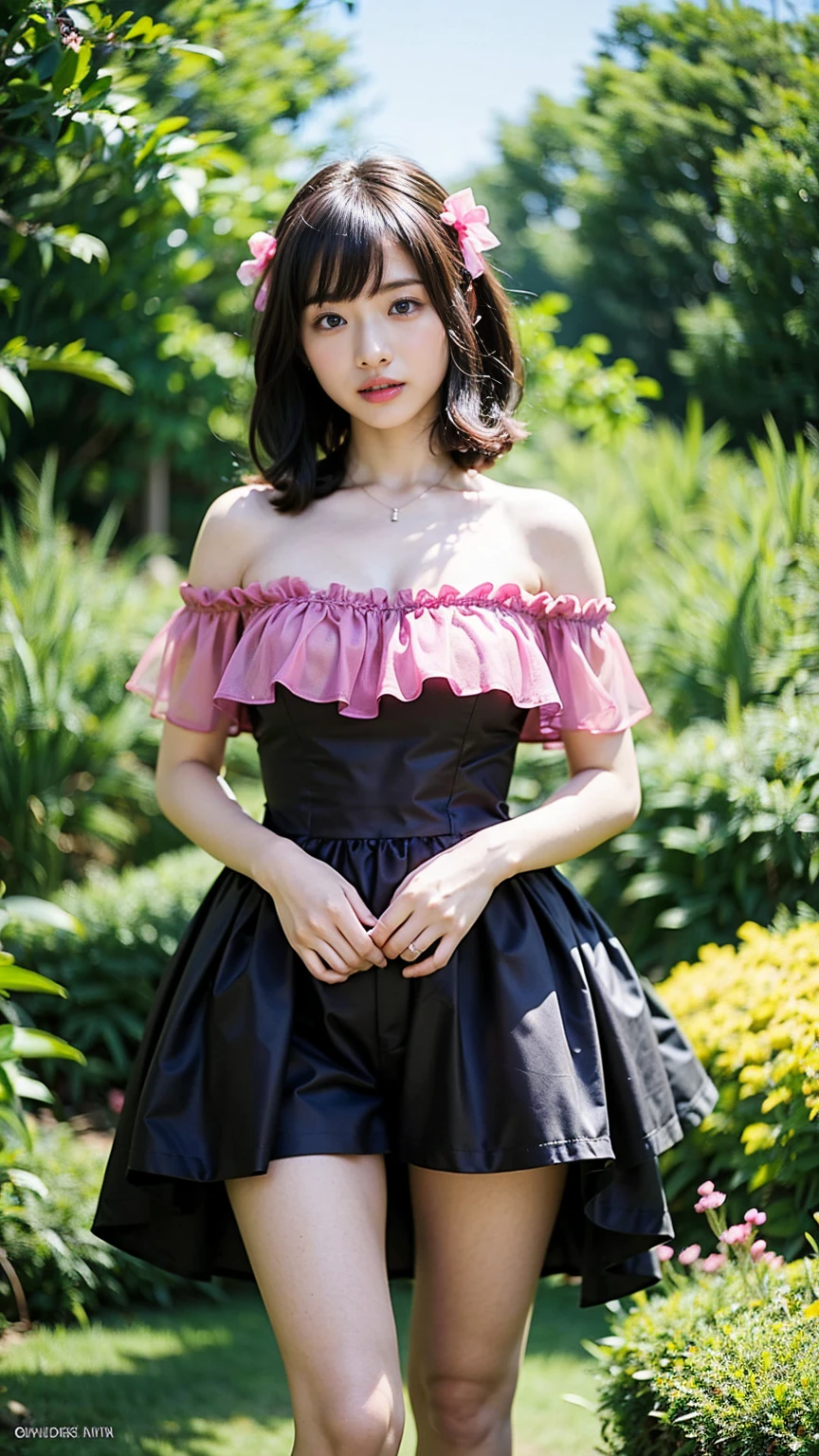 (8k、RAW Photos、Highest quality、masterpiece:1.2)、(Realistic、Realistic)、1 girl、((Shorts、Off the shoulder、Black and pink dress、See-through、Frills、Medium Hair、Pretty Cure Costume、See through、ribbon、boots、Accentuate your breasts、whole body、garden、View from the front、Looking into the camera、Stand with hands on hips))、