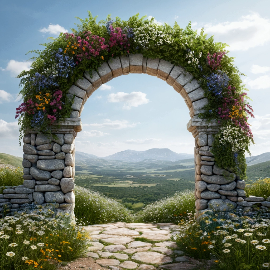 "subject description {A low and very wide door arch made of stones. , intertwined with plants, standing in a landscape of beautiful wildflowers, with a bright white background emanating from inside the arch}, Image type {photorealistic image}, art styles {Surrealism}, camera {35mm}, shooting {medium shot}, Rendering Related Information {4k, hyper detailed, ambient light}"