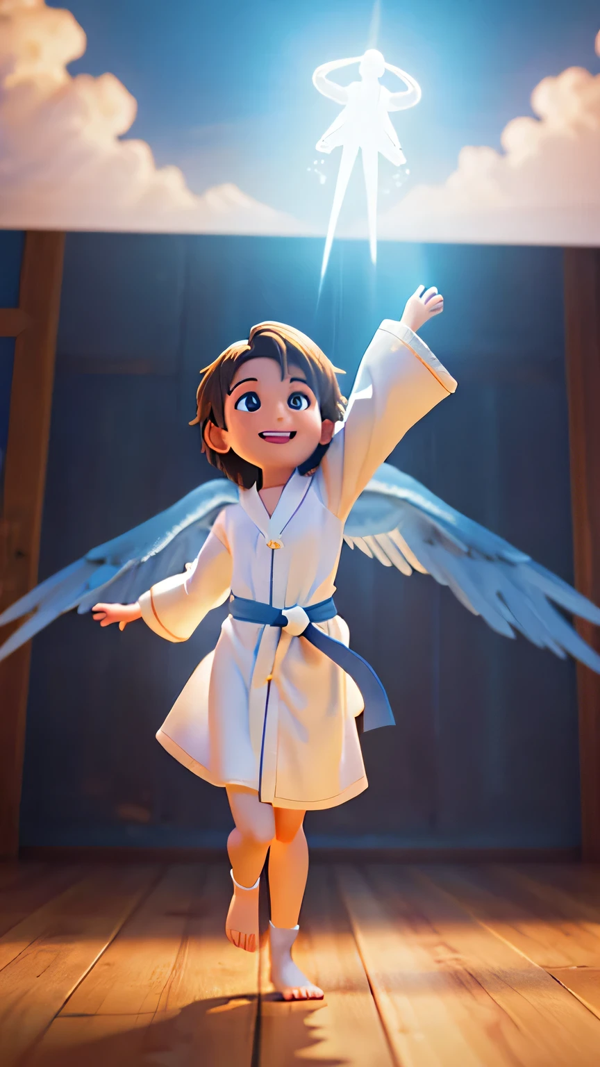 motion scene, angel flying quickly in the sky among the clouds, 14 years old, wearing white robe, smiling happily, with detailed eyes, extremely detailed face, full body, intricate robes, warm lighting, vibrant colors, photorealistic, 8k, works masters, cinematographic composition, spectacular lighting. volumetric lighting, chiaroscuro, divine, spiritual, serene, hopeful, bright aura, 4k, ultra detail