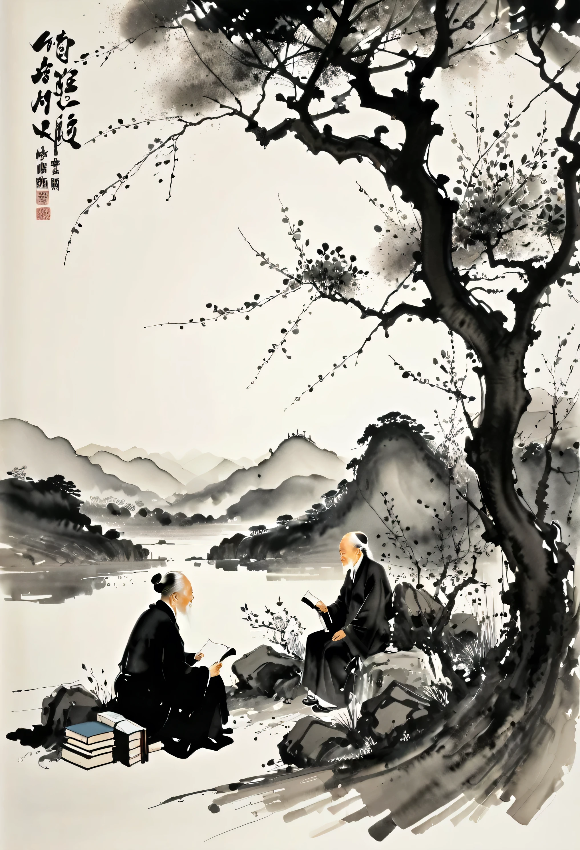 black and white tones, ink painting, Chinese ink style, Wu Guanzhong ink painting,, modern style, ink, ink, Watercolor style, dyeing, Black and White Art, Wu Guanzhong style, Wu Guanzhong Art, Minimalism, 8K, Ultrafine, Super realistic, masterpiece, masterpiece, best quality,
Black and white photo, ink painting, Chinese, Poetic, landscape painting, ink painting, Deep in the mountains,
A kind old man sitting in front of a big tree, Books in hand,Explain to students《The Book of Songs》. There are five students, The expressions are very rich. When talking with the elderly, Elderly and students holding magical glowing fairy flowers sitting in front of the elder holding a book