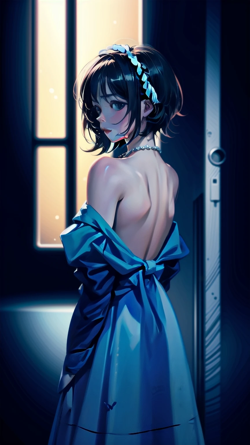 A beautiful girl seeing thought the window, back side, wearing blue dress, light leaks, neon outli e,preview volumetric night, Ultra Detailed, unity 8k wallpaper, ultra detailed, aesthetic, masterpiece, best quality, photorealistic