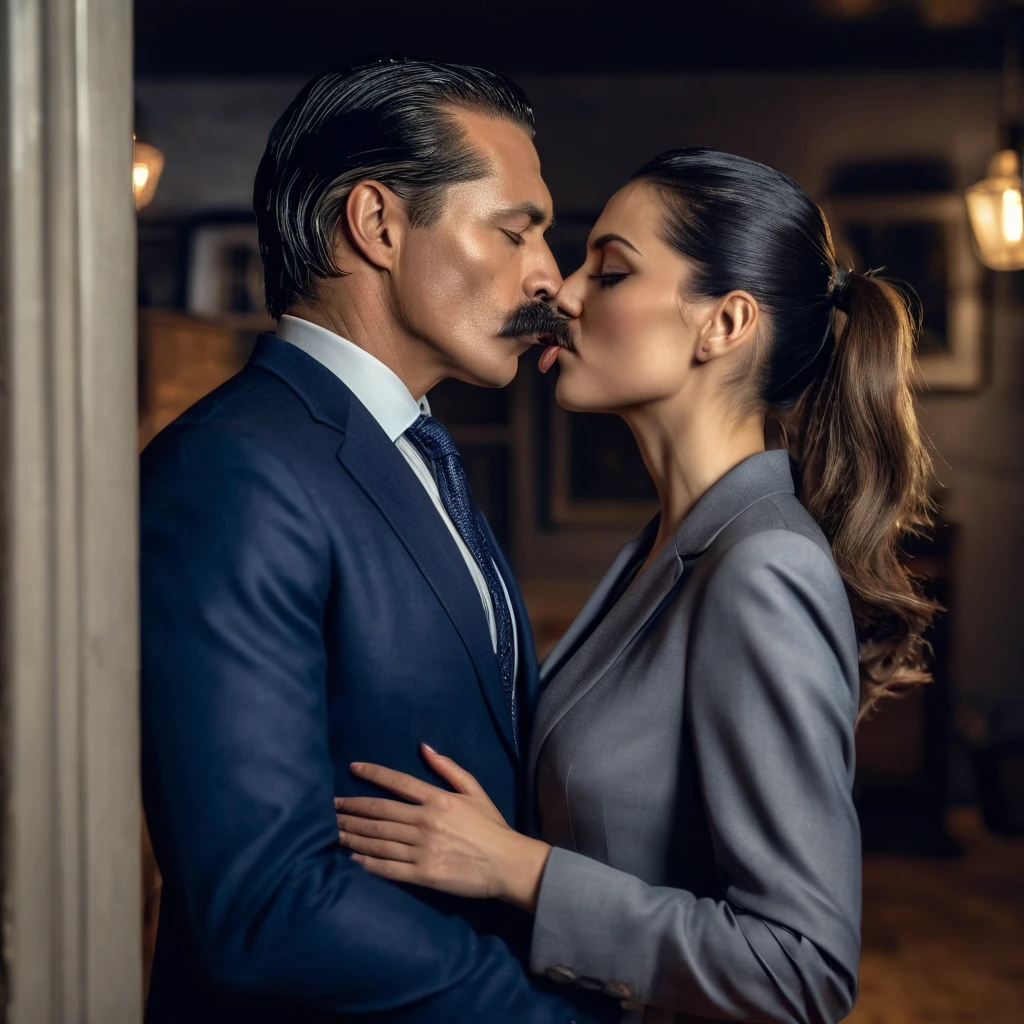 The man in his 45s with black very short hair and smooth face with moustache. The woman in her 45s with light brown long horse tail hair. The man is wearing a navy blue suits. The woman is is wearing gray dress. In the study. Kissing. Passion. Erotic. Night, dark, dim. HDR. UHD. Cinematic.