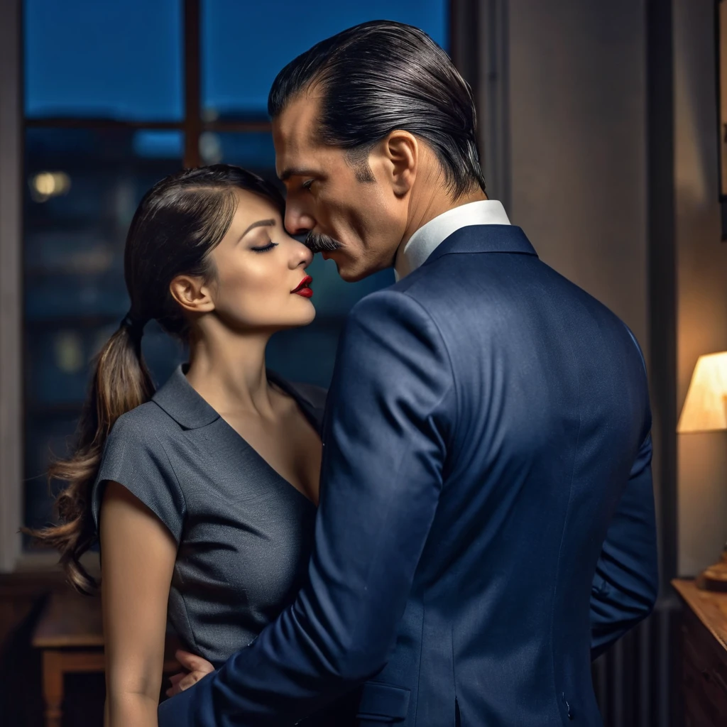 The man in his 45s with black very short hair and smooth face with moustache. The woman in her 45s with light brown long horse tail hair. The man is wearing a navy blue suits. The woman is is wearing gray dress. In the study. Kissing. Passion. Erotic. Night, dark, dim. HDR. UHD. Cinematic.