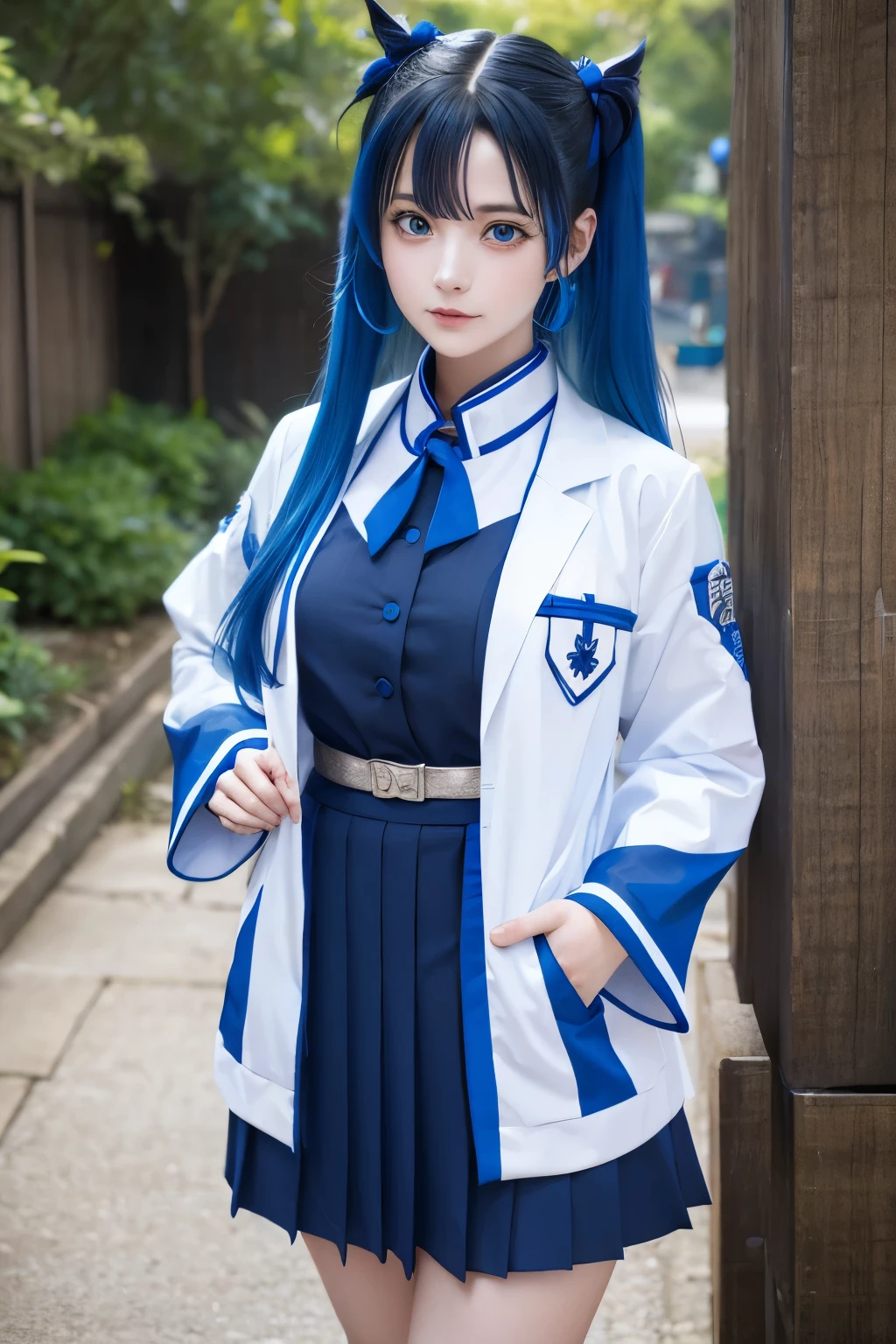Blue-haired girl wearing the uniform of the Oni hunters from Kimetsu no Yaba with blue details that resemble the sea