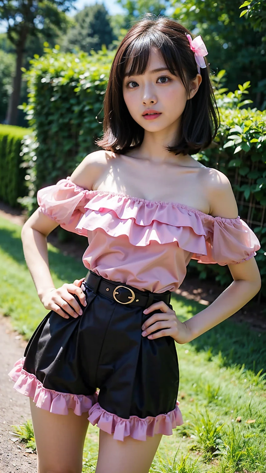 (8k、RAW Photos、Highest quality、masterpiece:1.2)、(Realistic、Realistic)、1 girl、((Shorts、Off the shoulder、Black and pink dress、See-through、Frills、Medium Hair、belt、Pretty Cure Costume、See through、ribbon、boots、Accentuate your breasts、whole body、garden、View from the front、Looking into the camera、Stand with hands on hips))、