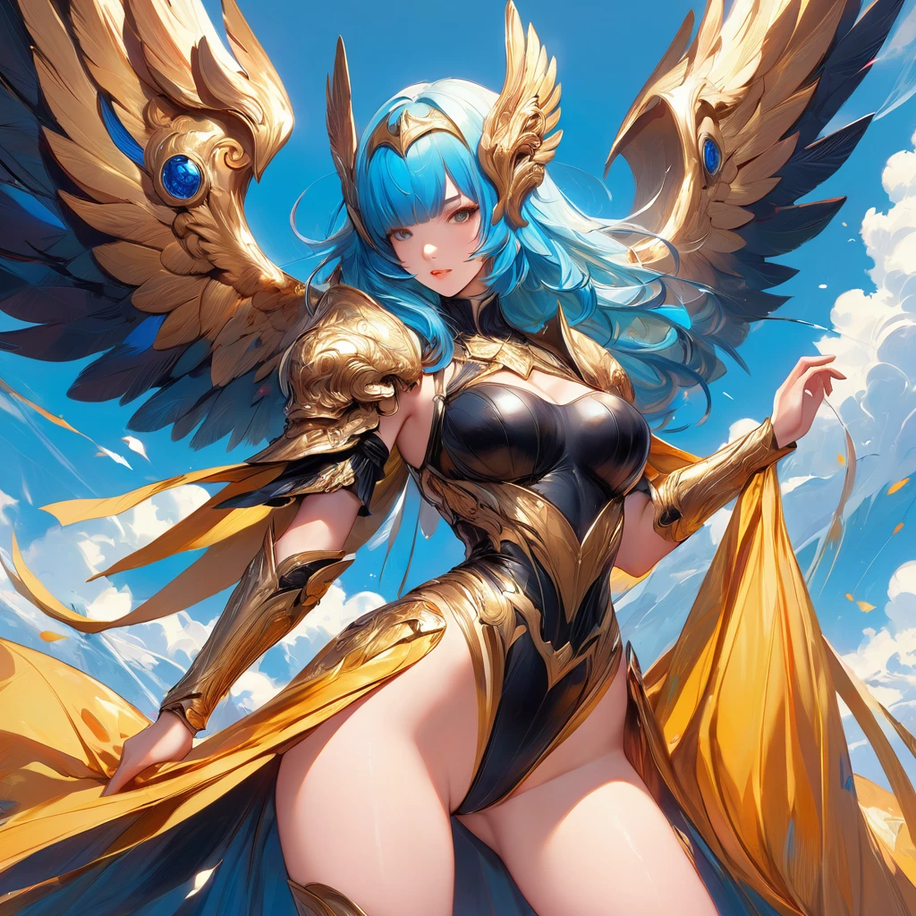 NSFW,((masterpiece,Highest quality,4K)),score_9, score_8_superior, score_7_superior,anime, anime,Rainbow Hair,Wearing a black and gold dress,animeの女の子、Blue background, krenz cushart and ArtJam, 美しく魅力的なanimeの女性, ArtJam style, Yoshika Amano Karol Baq, ArtJam detailed, style ivan talavera and ArtJam, Beautiful cartoon art, ArtJam. Attention to detail, ArtJam comic