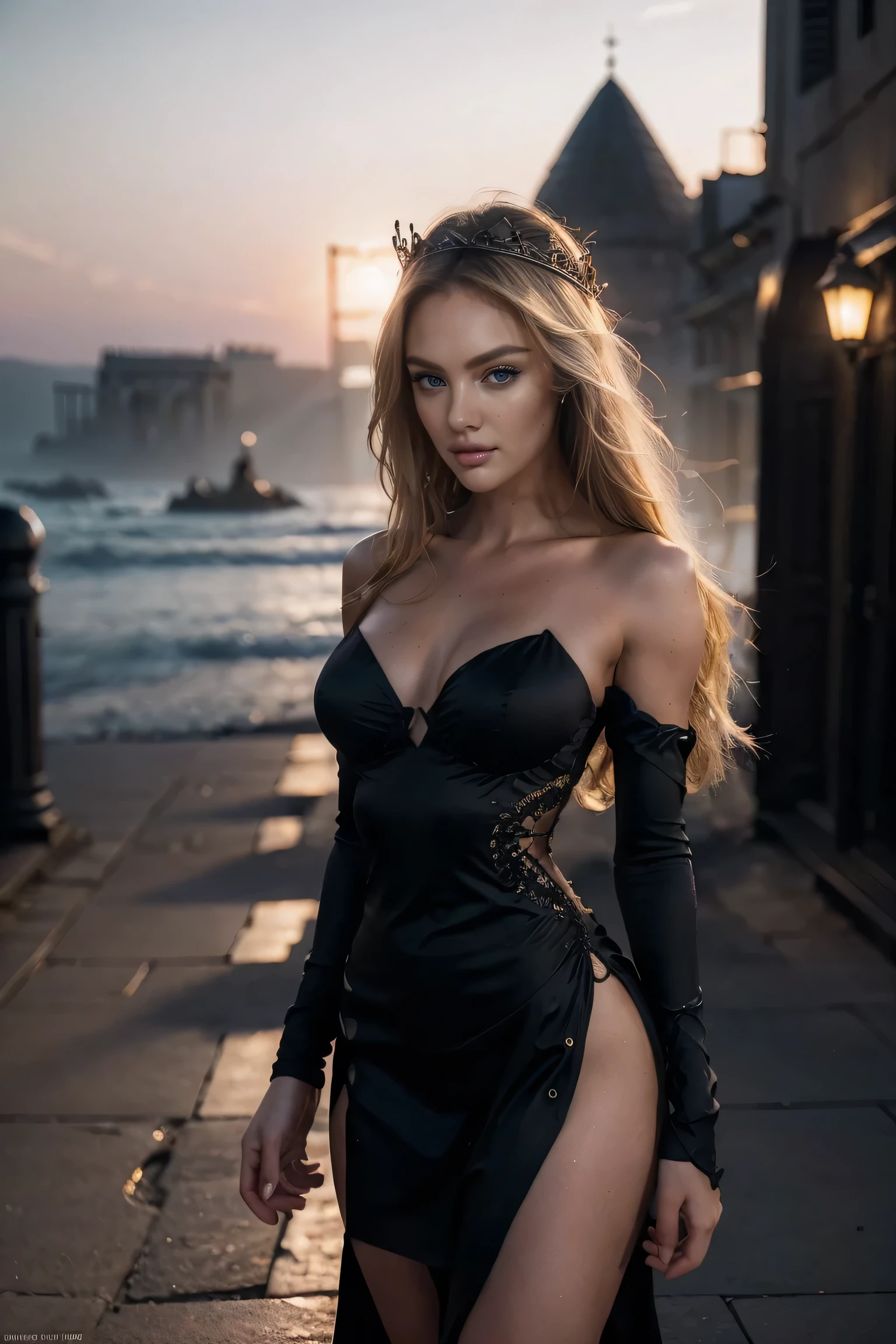 1 woman, (Professional 3D rendering:1.3) wa (Realists:1.3) The most beautiful art photo in the world, candice swanepoel, ((Epic hero The Fantasy, Fantastic location, majestic, crowded environment)), Full body Unity rendering in 8K, action shot, Hautporen, very dark lighting, Strong shading, detailed, detailed face, (exhilarated, foto Realists, Realists, dramatic, dark, keen focus, 8k), pink satin blouse, PVC skirt with high slit and lacing, (complicated:1.4), wears a tiara, very beautiful jewelry, bare shoulders, bare shoulders, decadent, (Very detailed:1.4), Digital Drawing, Rendering wa Octane, Art stations, conceptual art, smooth, keen focus, Illustration, Art germ, (loish:0.23), Wlop Ilja Kuwschinow, und Greg Rutkowski und Alphonse, (Global Illumination, studio light, volumetric light), floating particles, Lord wa the rings, The Fantasy, ((dark and ancient city background:1.3)),CGS Gesellschwat,Art stations, blue eyes, bright eyes, hellblue eyes, platin blond hair, very long hair, slender waist, looks into the camera, Seductive look, Playful, narrow shoulders, slim body, elegant, graceful, beach, sand beach, occean, outside, waves, alone