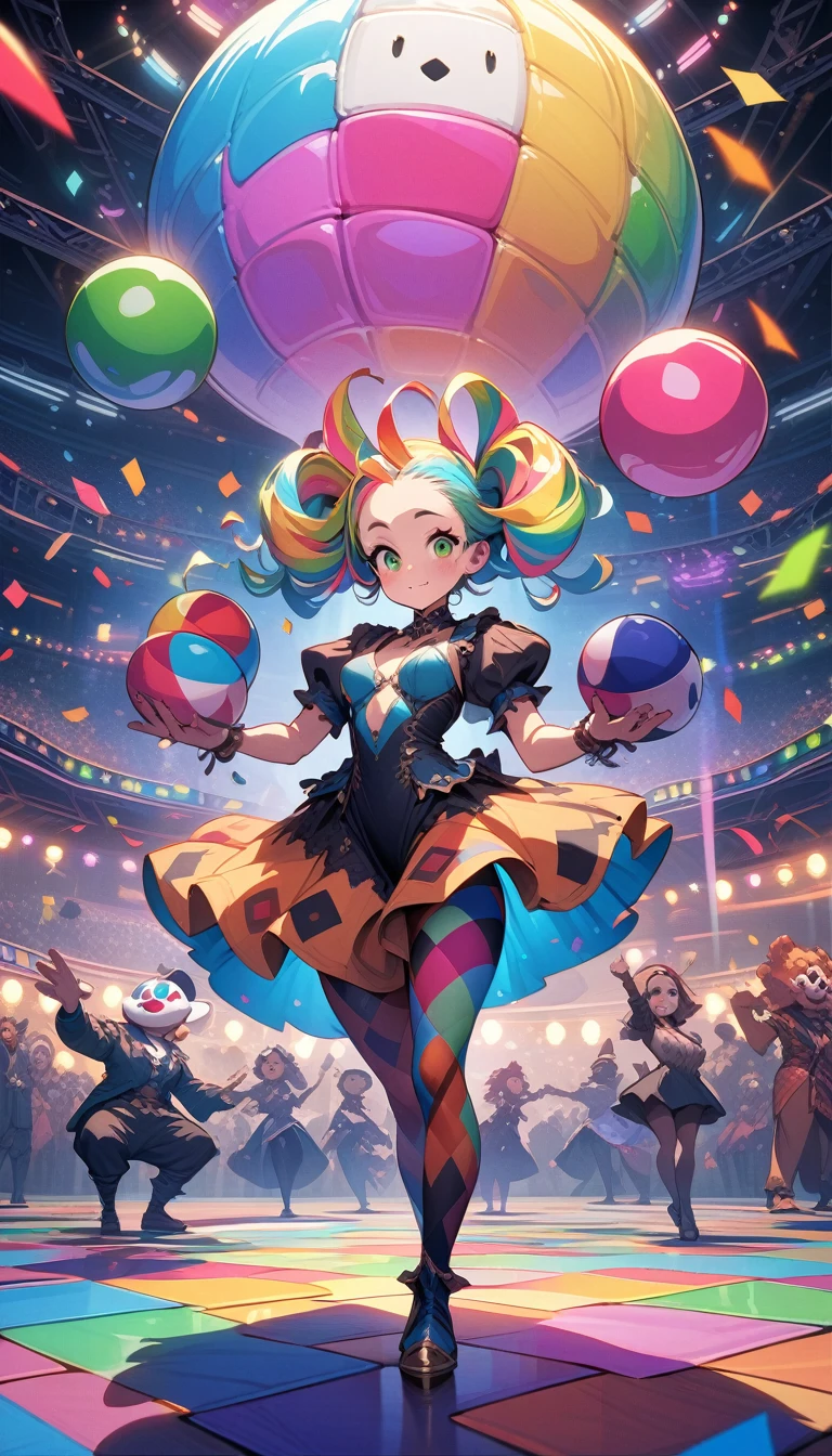 ((best quality)) , ((masterpiece)) , (detailed),A dark fantasy video game art style cartoon of an anthropomorphic clown with rainbow hair and green eyes juggling. On the ground is a colorful dance floor that has disco balls, confetti flying in the air, and  lights, in the style of various artists.