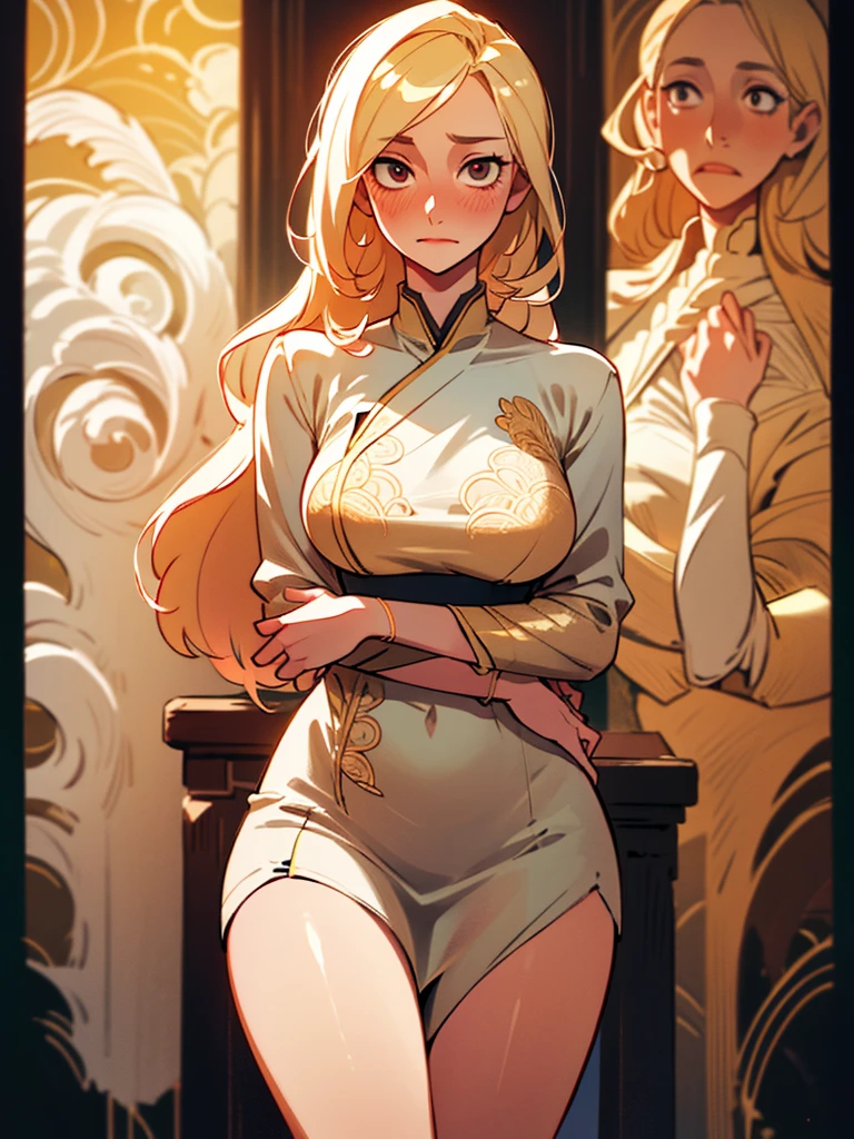 a mature woman with long blonde hair, wearing a simple cream dress, slim figure with thick thighs and large sagging breasts, embarrassed expression with red cheeks and glassy eyes, asian features, (masterpiece:1.2), (intricate details:1.2), (perfect skin:1.2), (full hd image:1.37), realistic, photorealistic, extremely detailed, 8k, ultra-detailed, vivid colors, soft lighting, cinematic, high quality, professional photography
