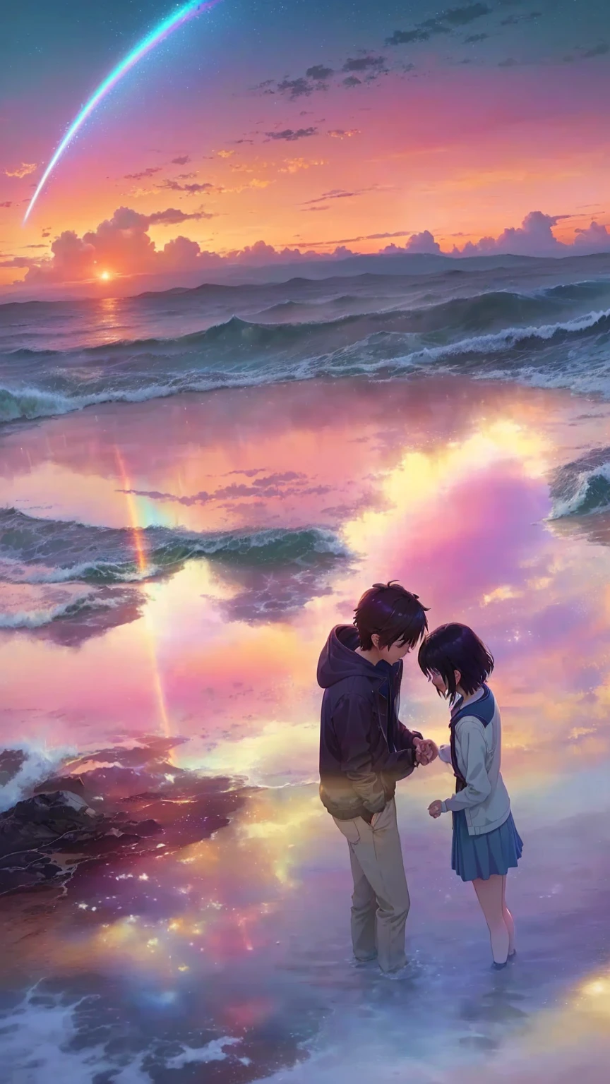 Anime couple standing on the beach with a rainbow in the sky, yourname, yourname movie style, mokoto shinkai, Makoto Shinkai movie, Makoto Shinkai. —h 2160, ( ( Makoto Shinkai ) ), sakimichan and Makoto Shinkai, in style of Makoto Shinkai,lake,lakeの周りに木