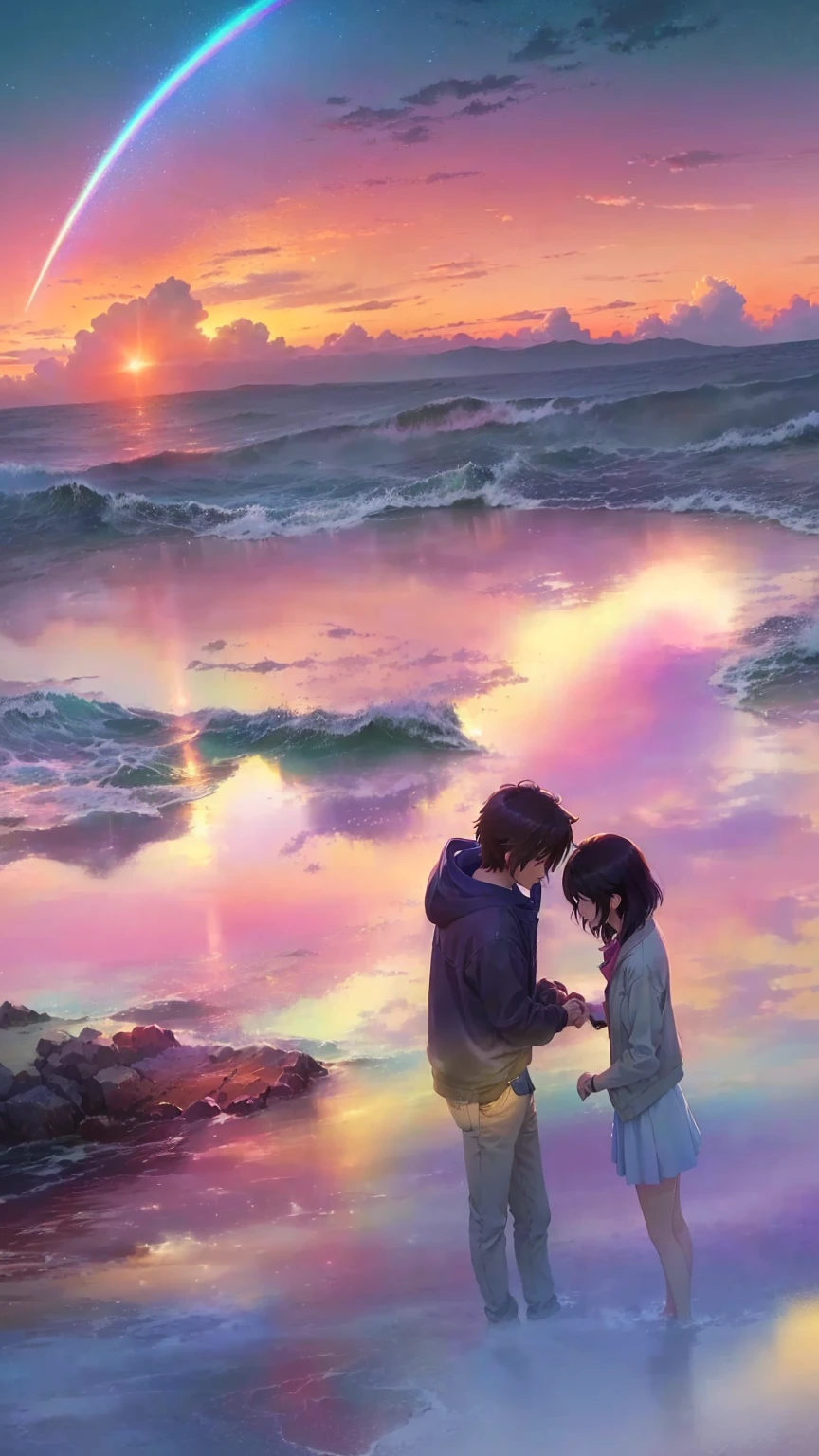 Anime couple standing on the beach with a rainbow in the sky, yourname, yourname movie style, mokoto shinkai, Makoto Shinkai movie, Makoto Shinkai. —h 2160, ( ( Makoto Shinkai ) ), sakimichan and Makoto Shinkai, in style of Makoto Shinkai,lake,lakeの周りに木