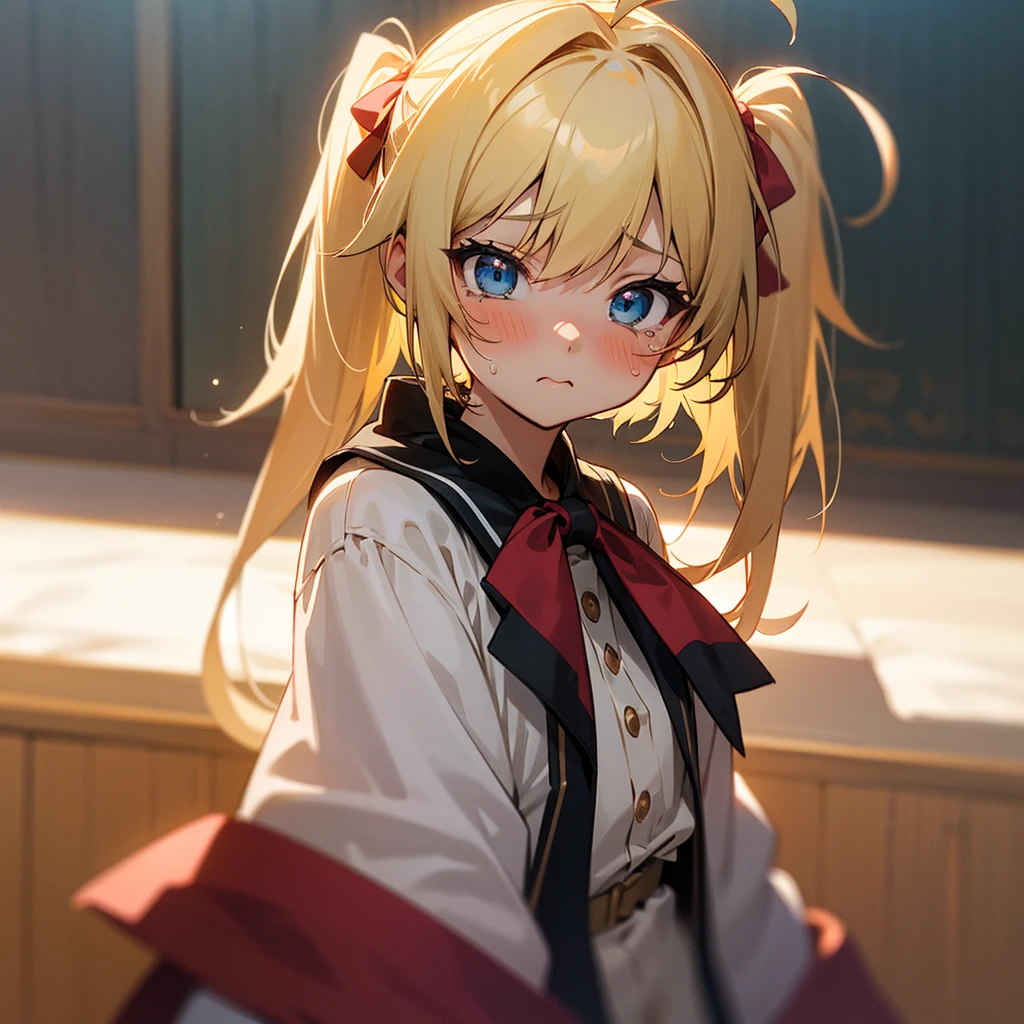 One girl, Blonde, ribbon, Twin tails,Gaze, Light blush, I want to cry, Anime Style, Food, Young Girl,Shy, cute,,shame,Ahoge, ribbonヘアアクセサリー,