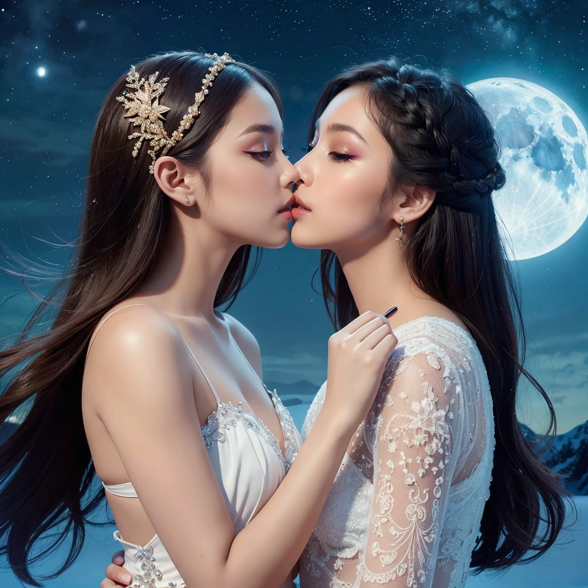 (masterpiece, highest quality, official art, beauty and aesthetic:1.5), (perfect anatomy), two gorgeous and stunning dark-skinned or pale-skinned young girls are deeply in love with each other, kiss, perfect make-up, romantic atmosphere, snow and moon, magnificent panorama view