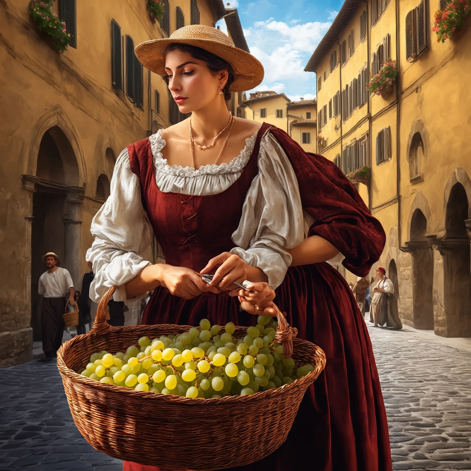 historical reconstruction: a street artist paints a peasant woman posing for him with a basket full of grapes, on one of the streets of Florence in 1524. a digital painting of an, inspired by Michelangelo, old school classicism craftsmanship, recreation of the style of clothing and surroundings of the Renaissance era, masterful rendering of chiaroscuro, daylight, natural paints, Art on canvas, detail, intense look, Baroque digital painting, Beautiful intricate painting.