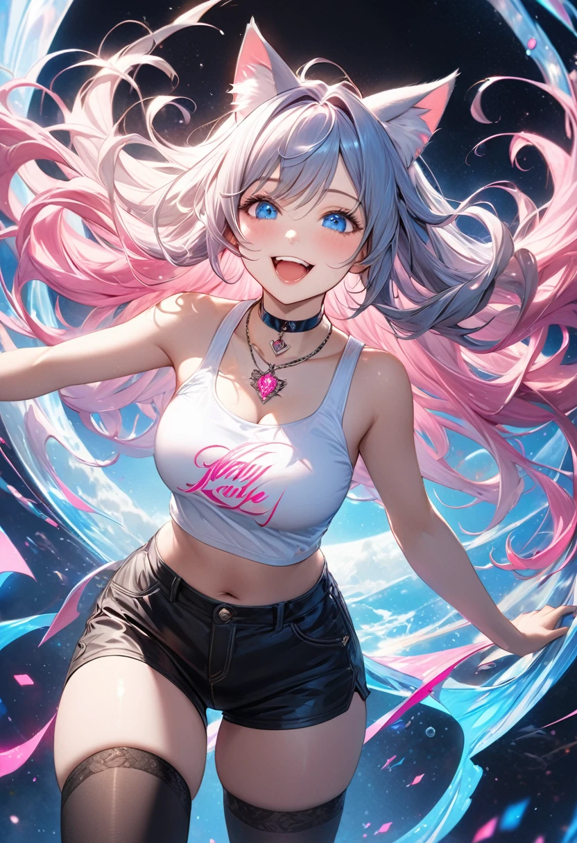 Full shot portrait with high resolution and detail. Full HD,Full portrait, (Masterpiece Entire Portrait),(hyperrealistic character in an entire plane) exuberant voluptuous Ultra highly detailed, intricate motif, sunlight, A captivating dark fantasy featuring a stylish voluptuous thin young a beautifull female character with cat-like ears, striking blue eyes, and mesmerizing black and blue wavy long hair. She confidently wears a white-pink crop top bearing the bold neon pink word "Happy," a choker adorned with a pendant, and black shorts with thigh-high stockings she is laughing happily. The background is a mesmerizing blend of black and vibrant blue and pink particles, creating an ethereal atmosphere.
