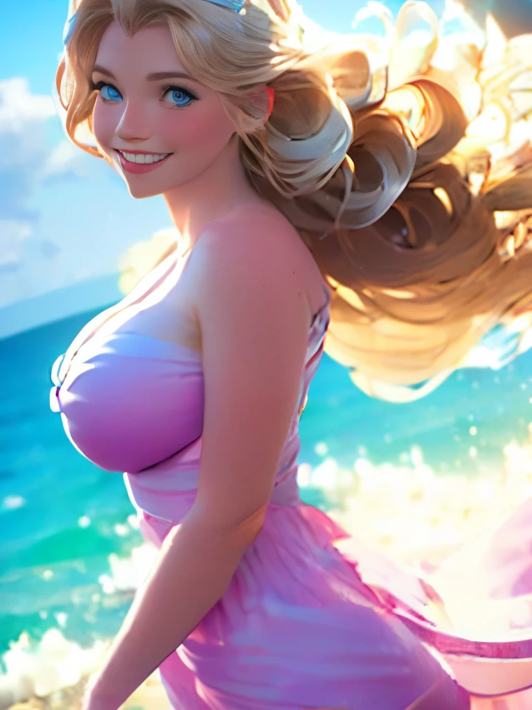 delicate and beautiful CG artwork),(best quality, ultra-detailed, high resolution),(dynamic angle, dynamic lighting),(1 character),(long pink and blonde hair), blue eyes, beautiful face), 1 girl, (long sideburns, plants, smile, long blue dress, 3 d, ocean, water, beach ball, sea shells, sunny, windy