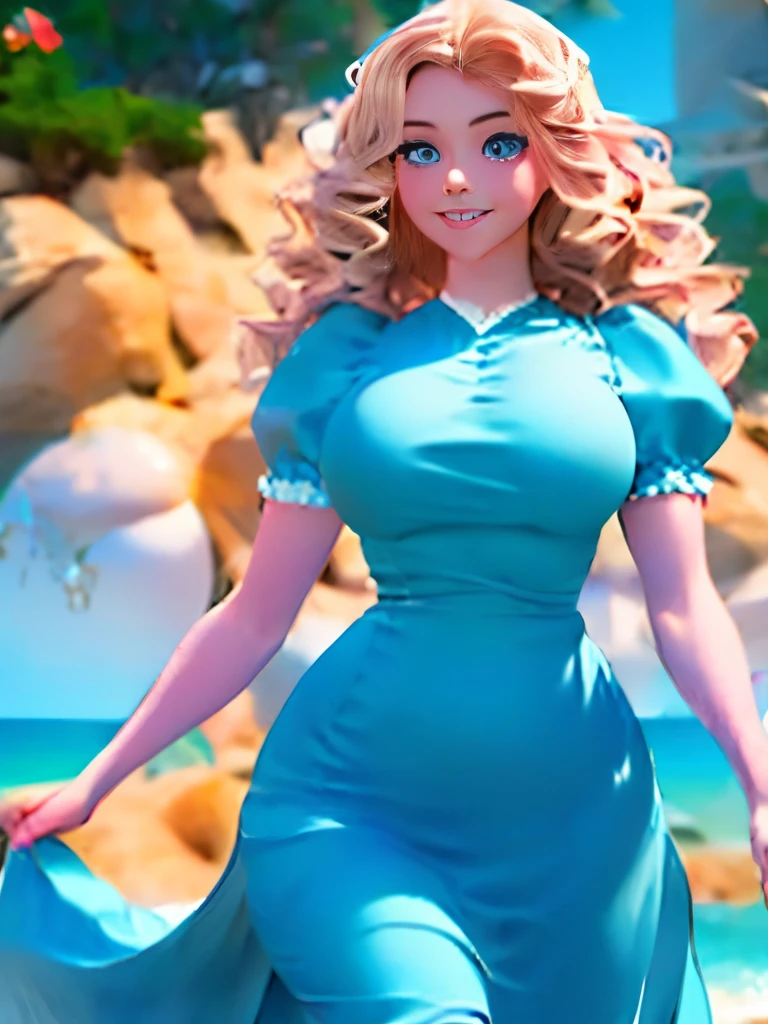 delicate and beautiful CG artwork),(best quality, ultra-detailed, high resolution),(dynamic angle, dynamic lighting),(1 character),(long pink and blonde hair), blue eyes, beautiful face), 1 girl, (long sideburns, plants, smile, long blue dress, 3 d, ocean, water, beach ball, sea shells, sunny, windy