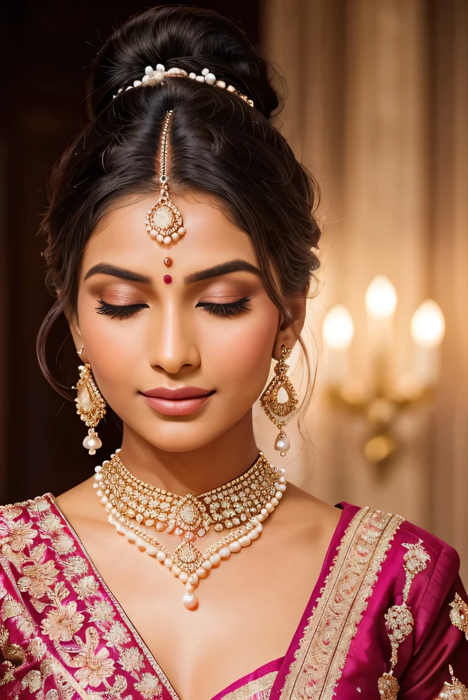 Create an ultra-realistic image of a modern, attractive female influencer of Indian descent, aged between 27 to 30. She should have a warm and inviting smile, expressive almond-shaped eyes with a slight shimmer, and clear, glowing skin with a medium brown complexion. Her features should be well-defined, with high cheekbones and a sharp jawline. Her hair should be long, thick, and styled in a classic chignon with delicate pearl hairpins, with a deep, reddish-purple hue that’s bold yet sophisticated. Create a close-up portrait of an Indian woman with an elegant bridal look. Her makeup features pink eyeshadow, long eyelashes, and subtle pink blush. She wears traditional bridal jewelry, including a maang tikka on her forehead, heavy earrings, and an ornate necklace. Her hair is styled in a sleek bun adorned with white flowers. She has a serene expression with her eyes closed, showcasing the detailed makeup and jewelry. The background is softly blurred to keep the focus on her face