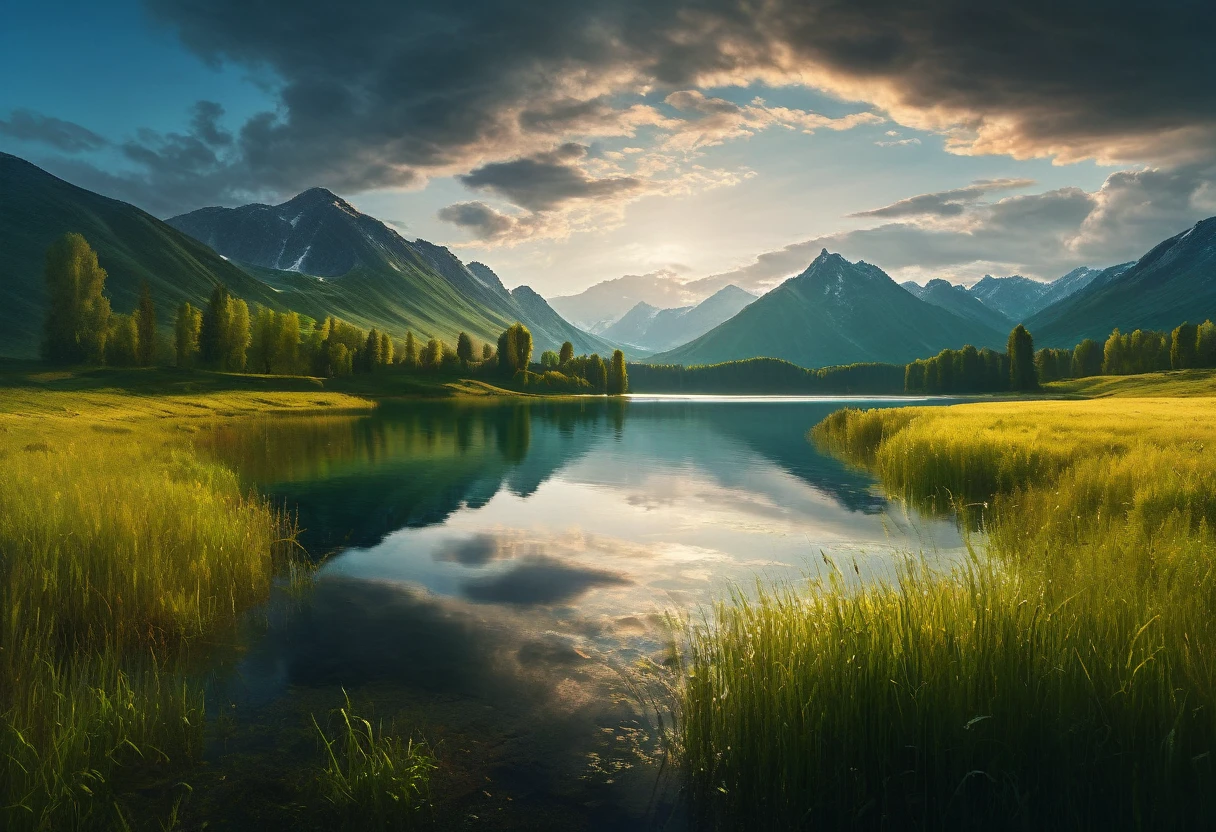 professional photo of a lake surrounded by mountains and grass with a cloudy sky above and some trees in the foreground, Arkhip Kuindzhi, award-winning photography, A matte painting, naturalism, crazy details, cinematic light, detailed, Scale of colors, sunrise