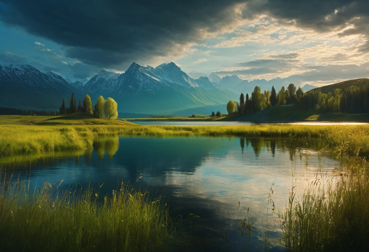 professional photo of a lake surrounded by mountains and grass with a cloudy sky above and some trees in the foreground, Arkhip Kuindzhi, award-winning photography, A matte painting, naturalism, crazy details, cinematic light, detailed, Scale of colors, sunrise  