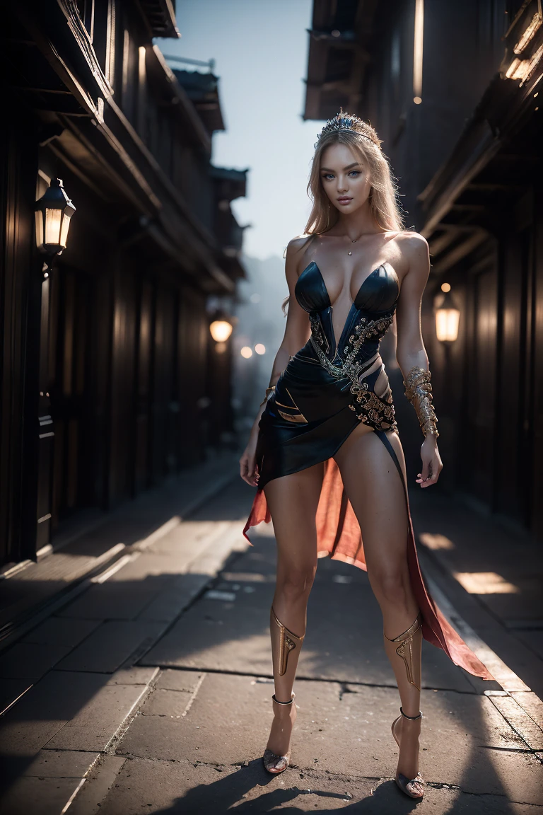 1 woman, (Professional 3D rendering:1.3) wa (Realists:1.3) The most beautiful art photo in the world, candice swanepoel, ((Epic hero The Fantasy, Fantastic location, majestic, crowded environment)), Full body Unity rendering in 8K, action shot, Hautporen, very dark lighting, Strong shading, detailed, detailed face, (exhilarated, foto Realists, Realists, dramatic, dark, keen focus, 8k), pink satin blouse, PVC skirt with high slit and lacing, (complicated:1.4), wears a tiara, very beautiful jewelry, bare shoulders, bare shoulders, decadent, (Very detailed:1.4), Digital Drawing, Rendering wa Octane, Art stations, conceptual art, smooth, keen focus, Illustration, Art germ, (loish:0.23), Wlop Ilja Kuwschinow, und Greg Rutkowski und Alphonse, (Global Illumination, studio light, volumetric light), floating particles, Lord wa the rings, The Fantasy, ((dark and ancient city background:1.3)),CGS Gesellschwat,Art stations, blue eyes, bright eyes, hellblue eyes, platin blond hair, very long hair, slender waist, looks into the camera, Seductive look, Playful, narrow shoulders, slim body, elegant, graceful, beach, sand beach, occean, outside, waves, alone