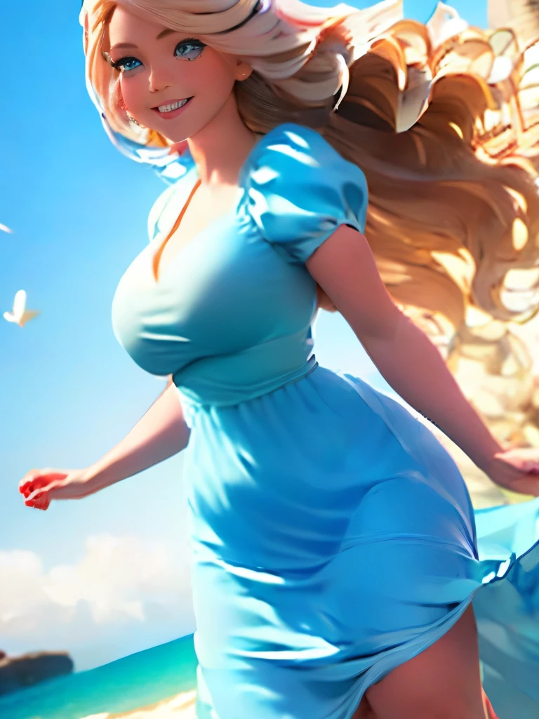 delicate and beautiful CG artwork),(best quality, ultra-detailed, high resolution),(dynamic angle, dynamic lighting),(1 character),(long pink and blonde hair), blue eyes, beautiful face), 1 girl, (long sideburns, plants, smile, long blue dress, 3 d, ocean, water, beach ball, sea shells, sunny, windy