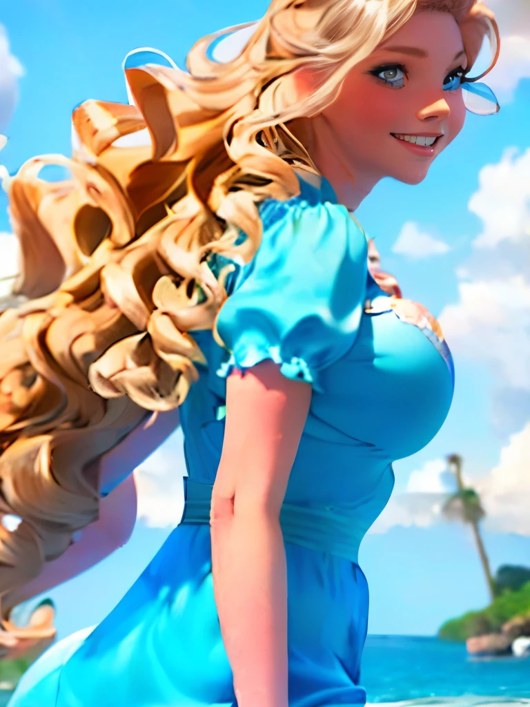 delicate and beautiful CG artwork),(best quality, ultra-detailed, high resolution),(dynamic angle, dynamic lighting),(1 character),(long pink and blonde hair), blue eyes, beautiful face), 1 girl, (long sideburns, plants, smile, long blue dress, 3 d, ocean, water, beach ball, sea shells, sunny, windy