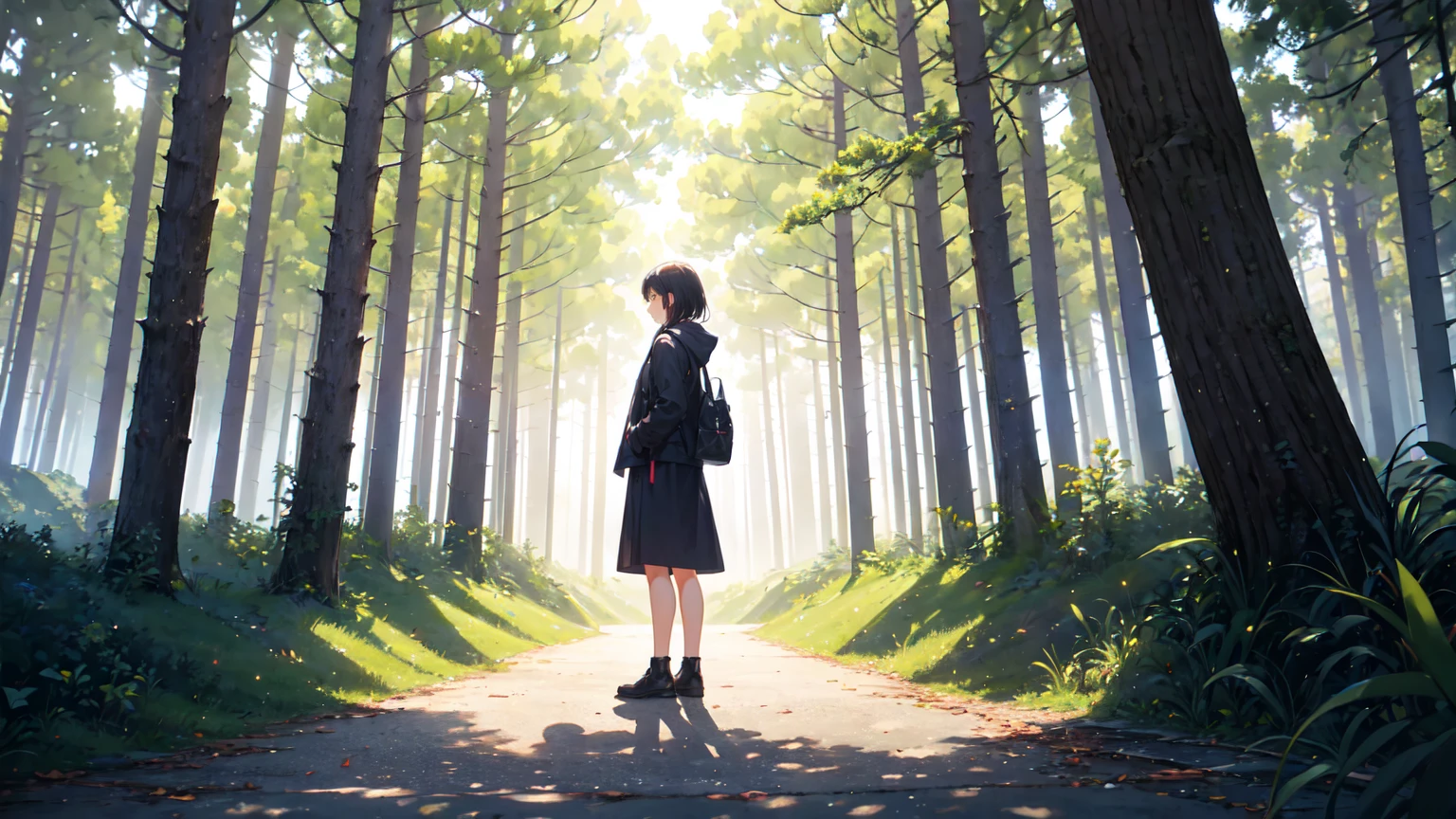 Create an image of a person standing at a crossroads. The scene should have a peaceful, inspiring atmosphere, with soft sunlight filtering through trees. The person should look curious and thoughtful, representing the anticipation of learning new habits. Use a realistic style with detailed surroundings, hinting at the journey of self-improvement.