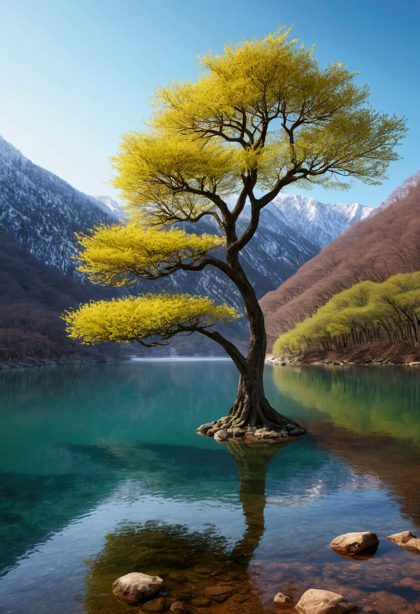 (Highly detailed CG Unity 8k wallpaper、masterpiece、of the highest quality、Super detailed)、(better lighting、best shadow、very delicate and beautiful)、of the highest quality、8k、Detailed facial representation、masterpiece、of the highest quality、Sharp image quality、
Capture a photo of a tree next to a calm lake in the mountains in spring。