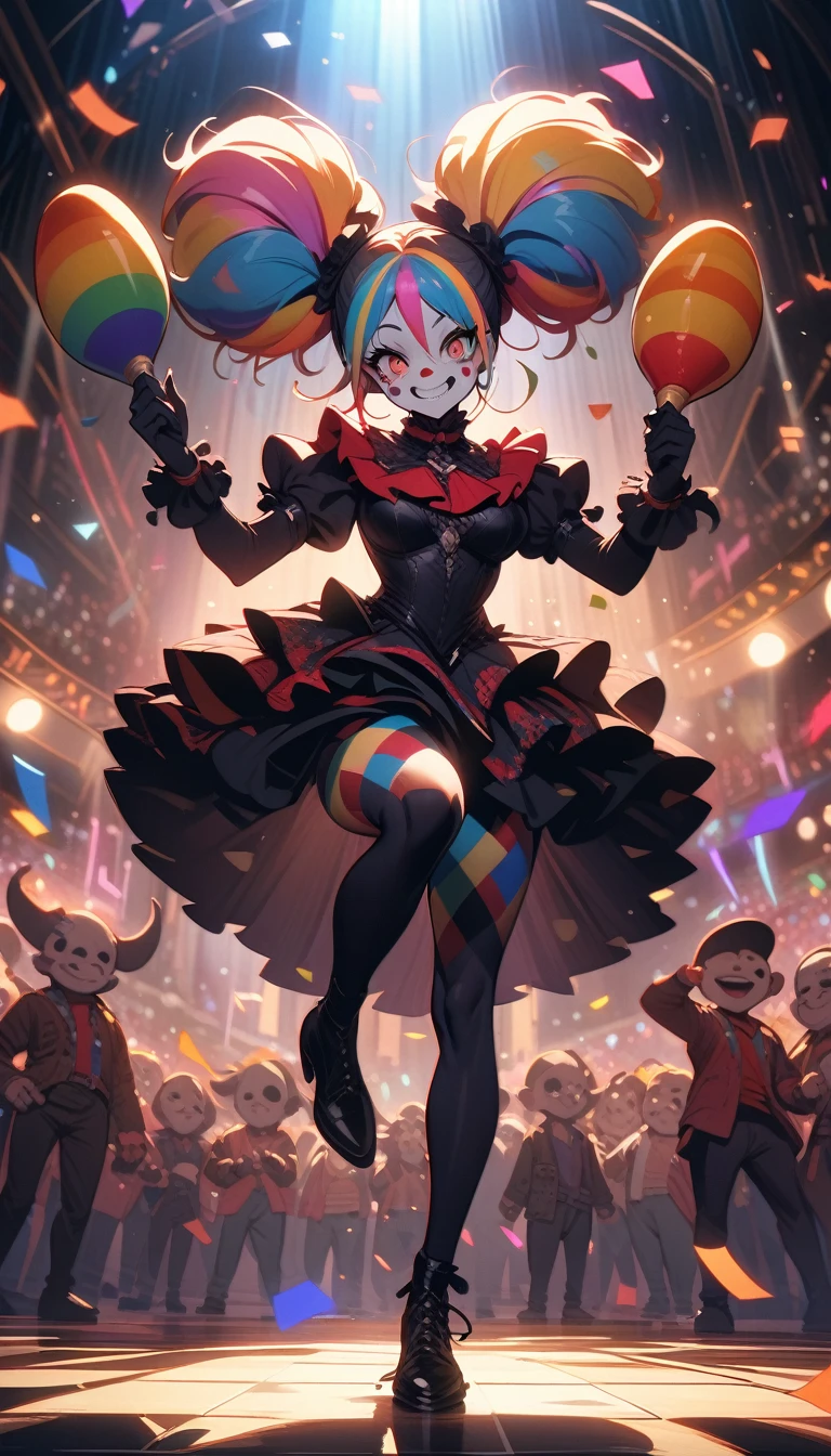((best quality)) , ((masterpiece)) , (detailed),A dark fantasy cartoon of an anthropomorphic monster clown with rainbow hair, wearing black shoes and colorful  holding maracas in his hands while dancing in the middle of the dance floor. The background is made up of confetti and lights. In the style of Dan Mumford, digital artwork.