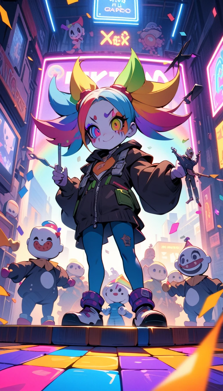 ((best quality)) , ((masterpiece)) , (detailed),A cartoony video game character with rainbow hair and clown makeup is holding two marionette puppets made of metal. He's standing on top of colorful tiles that have neon lights in the background. Confetti is flying around him. The scene has an illustrative style in the style of a video game artist.