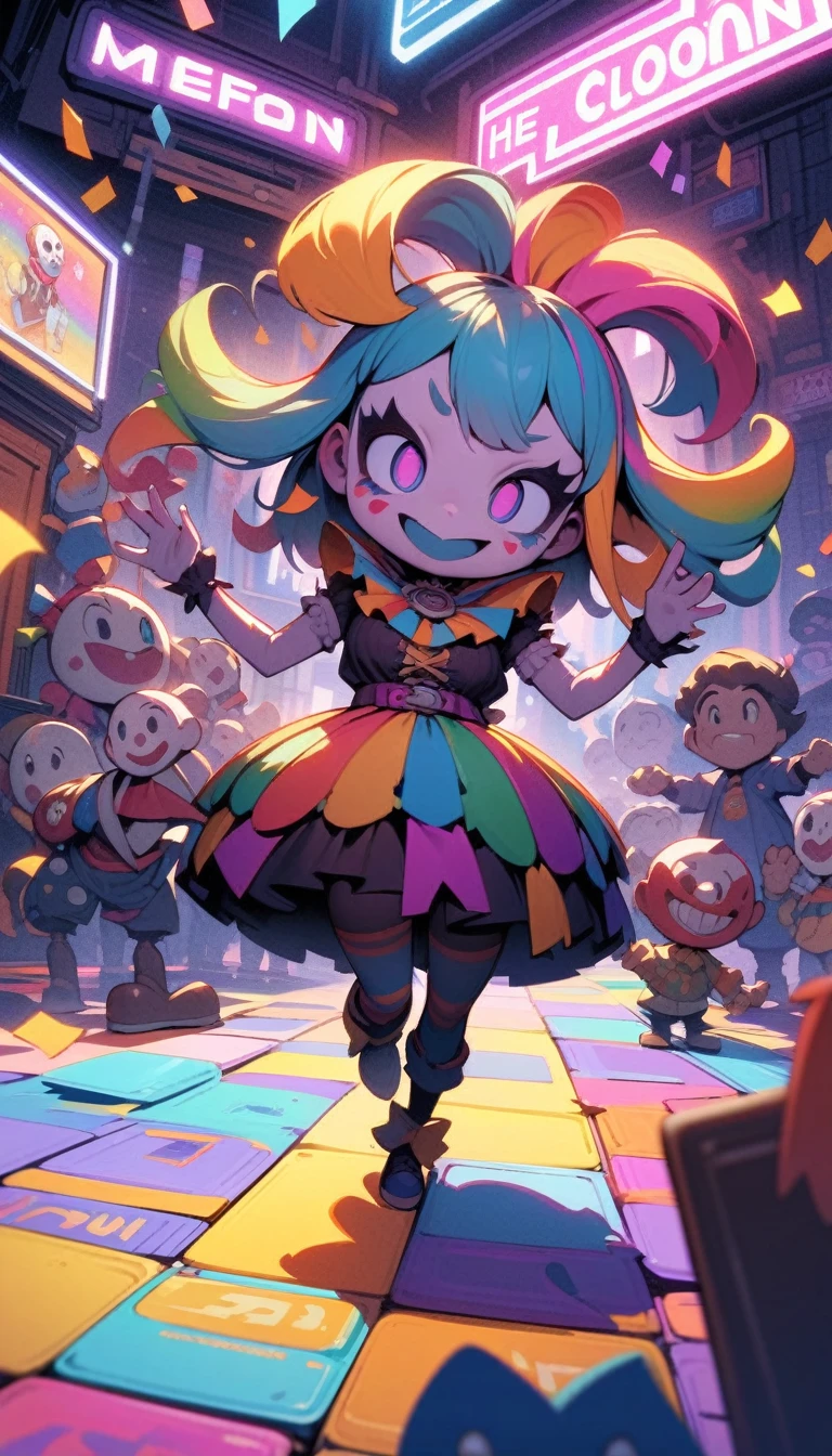 ((best quality)) , ((masterpiece)) , (detailed),A cartoony video game character with rainbow hair and clown makeup is holding two marionette puppets made of metal. He's standing on top of colorful tiles that have neon lights in the background. Confetti is flying around him. The scene has an illustrative style in the style of a video game artist.