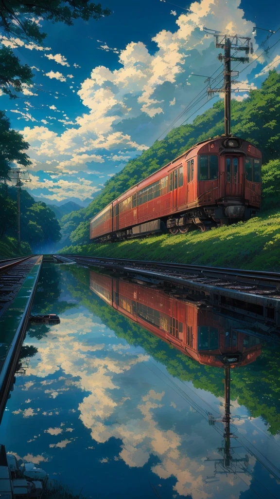 there is a painting of a train on the tracks by the water, reflections. by makoto shinkai, detailed scenery —width 672, realistic reflection, detailed painting 4 k, by Ni Yuanlu, scenery artwork, highly detailed digital painting, hasui kwase, by Kubisi art, detailed scenery