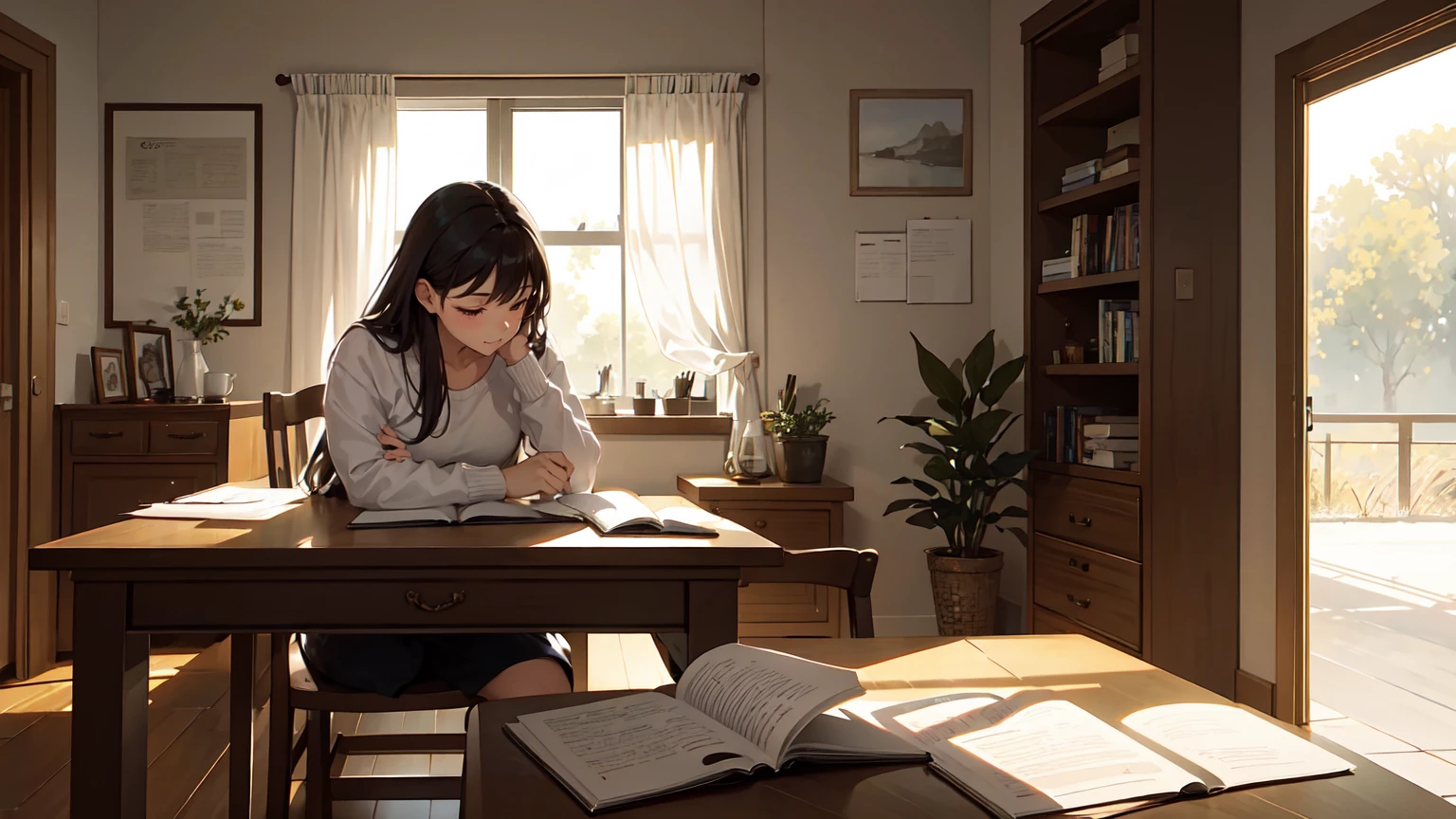 Illustrate a person sitting at a desk, writing in a gratitude journal. Surrounding them are faint, ethereal images of positive memories and achievements, like a supportive family, a diploma, or a trophy. The room should be cozy, with warm lighting from a table lamp, creating an intimate and reflective atmosphere. Use a realistic style with a focus on the person's content expression and the comforting environment.