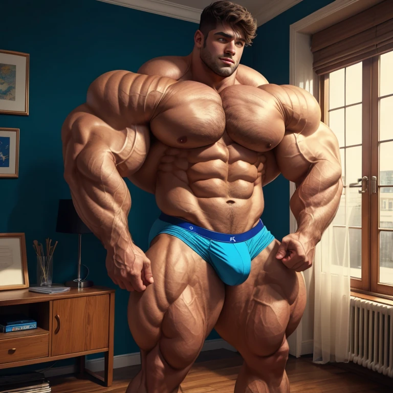 a very handsome, extremely beautiful, massively muscular young man, with massively large muscles, with massively large biceps, with massively large arms, shirtless, wearing blue underwear, in a room