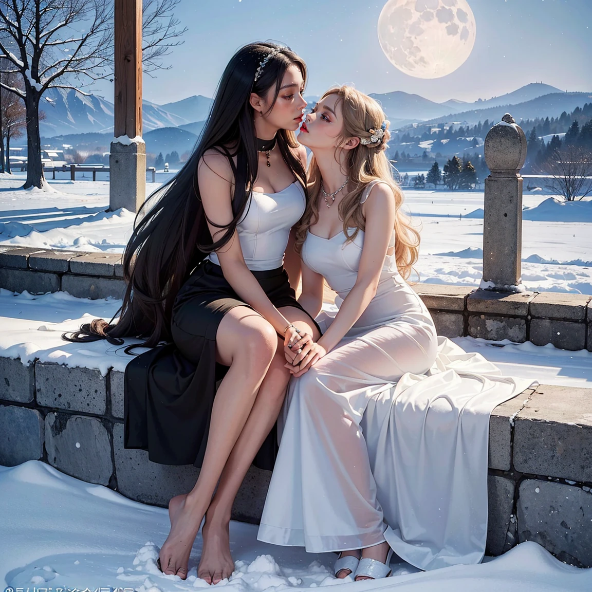 (masterpiece, highest quality, official art, beauty and aesthetic:1.5), (perfect anatomy), two gorgeous and stunning dark-skinned or pale-skinned young girls are deeply in love with each other, kiss, perfect make-up, romantic atmosphere, snow and moon, magnificent panorama view