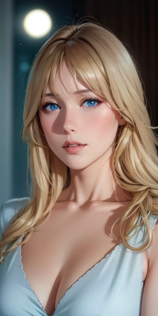 Elegant mature woman, milf, blue eyes, blonde hair, bangs, soft light, 4k resolution, high quality, beautiful cg