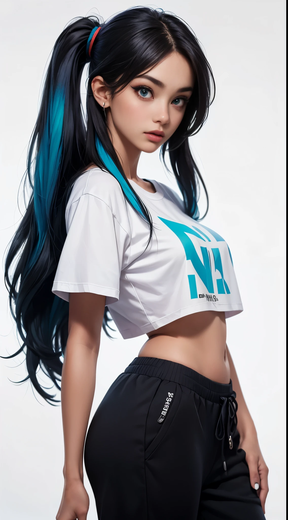 1 girl named Sarah with long blue hair, dyed loose hair, Long hairstyle, perfect detailed face, Young pretty white girl, Hot-top model, Detailed symmetrical light green eyes with round irises............., Beautiful, Walking and posing, Look at the observer, 19-year-old girl, looks like Madison Beer, extremely detailed face, Model, Realistic, Real life, perfect photorealistic picture, Realistic, hourglass figure, Stunning realistic photography, Detailed fingers, detailed realistic face, Soft fingers, real human nails, Extremely attractive girl, perfect detailed tan, small eyes, perfectly detailed face with realistic complexion and finely porous skin, small nose, Model, Perfect posture, Natural limbs, long legs, detailed symmetrical eyeballs, symmetric eyes, Realistic eyeballs, Realistic detailed eyes, cute plump closed lips, makeup, no long neck, no long waist, Perfect proportional body, seductive gaze, Looking in the direction of the viewer, Fascinating facial features, ah high, two arms, Two legs, one head, tiny breasts, realistic natural bodies, realistic shadows, Mystical epiphany, 8K, UHD, ((body facing the viewer, Pointing at the camera)),
"wide-angle", Full-body shot, full pose, (photo studio white background), tempt a little, Cinematic world, Cover photo in the center of Hipereallistic, Stunning full-color, Cinematic, neoprene, behance contest winner, portraite of a, presented at UnsplasH, stylized digital art, Smooth, extra high resolution, She is wearing a large white long T-shirt and black Acronym J36-S sweatpants.............. (T-shirt only white), black and white sneakers, instagram model, 80mm , Streetwear , Realistic,round ass