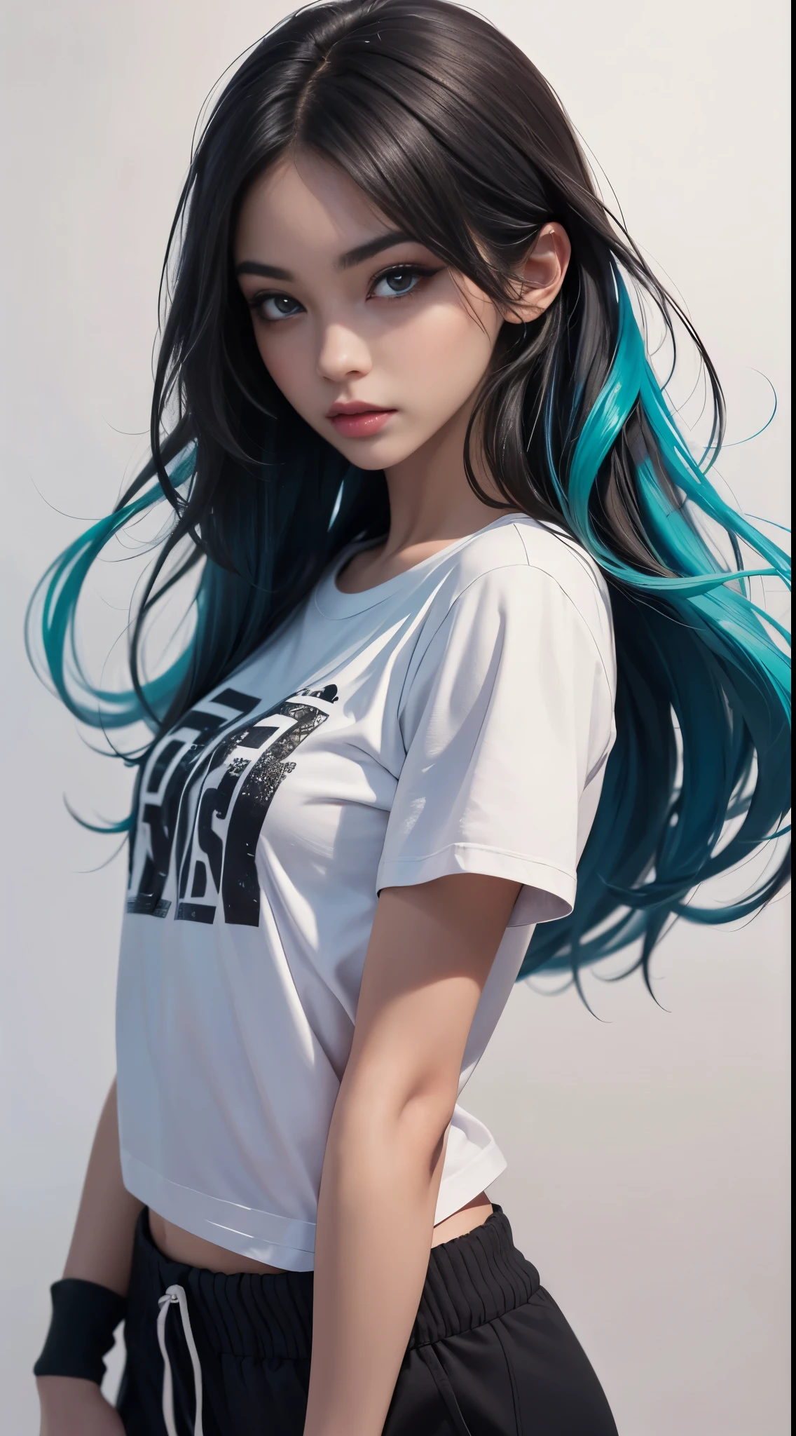 1 girl named Sarah with long blue hair, dyed loose hair, Long hairstyle, perfect detailed face, Young pretty white girl, Hot-top model, Detailed symmetrical light green eyes with round irises............., Beautiful, Walking and posing, Look at the observer, 19-year-old girl, looks like Madison Beer, extremely detailed face, Model, Realistic, Real life, perfect photorealistic picture, Realistic, hourglass figure, Stunning realistic photography, Detailed fingers, detailed realistic face, Soft fingers, real human nails, Extremely attractive girl, perfect detailed tan, small eyes, perfectly detailed face with realistic complexion and finely porous skin, small nose, Model, Perfect posture, Natural limbs, long legs, detailed symmetrical eyeballs, symmetric eyes, Realistic eyeballs, Realistic detailed eyes, cute plump closed lips, makeup, no long neck, no long waist, Perfect proportional body, seductive gaze, Looking in the direction of the viewer, Fascinating facial features, ah high, two arms, Two legs, one head, tiny breasts, realistic natural bodies, realistic shadows, Mystical epiphany, 8K, UHD, ((body facing the viewer, Pointing at the camera)),
 "wide-angle", Full-body shot, full pose, (photo studio white background), tempt a little, Cinematic world, Cover photo in the center of Hipereallistic, Stunning full-color, Cinematic, neoprene, behance contest winner, portraite of a, presented at UnsplasH, stylized digital art, Smooth, extra high resolution, She is wearing a large white long T-shirt and black Acronym J36-S sweatpants.............. (T-shirt only white), black and white sneakers, instagram model, 80mm ,  Streetwear , Realistic,round ass