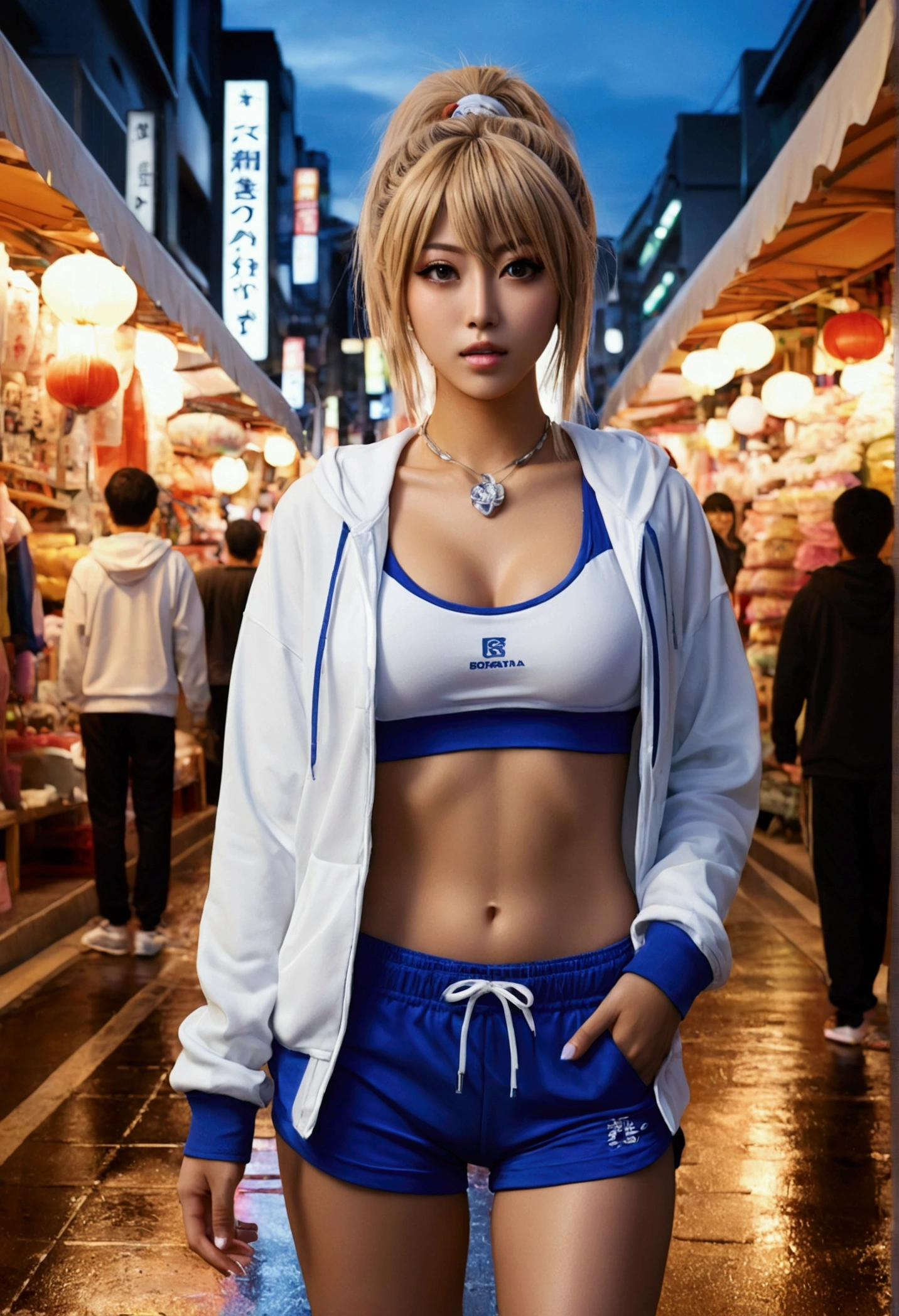 raining night,citys,A beautiful woman with gyaru makeup wearing sportswear in the busy streets of Gintama, surrounded by vendors, beautiful portrait of a stunning goddess girl, beautifull detailed face, Porcelain Skin, full body shot shot, centred, iluminação ultra Soft, symetry, intrikate, chic, highy detailed, photorrealistic, art station, conceptual artwork, Soft, as imagined by Greg Rutkowski and Borris Vallejo, cover, fashion style