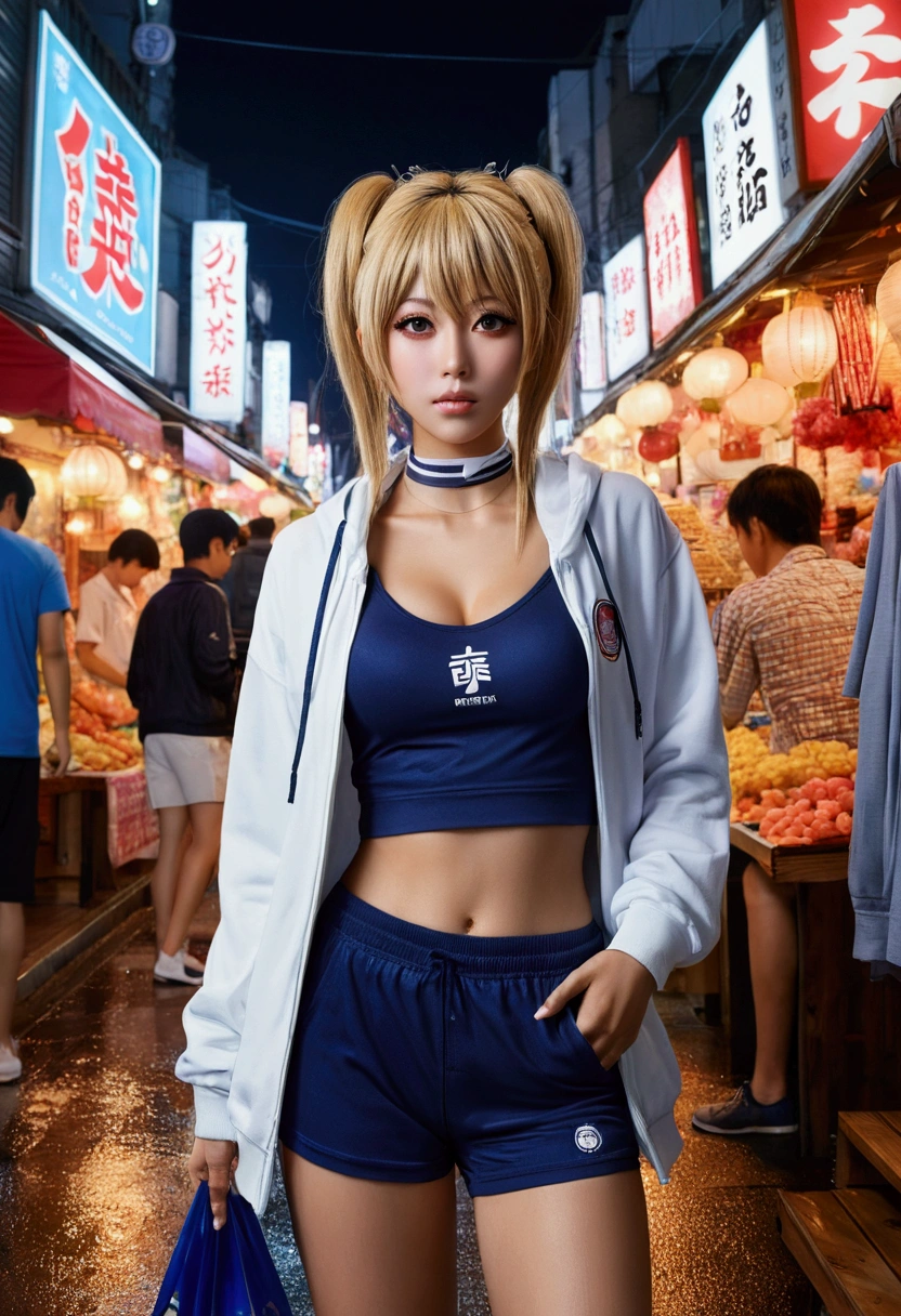 raining night,citys,A beautiful woman with gyaru makeup wearing sportswear in the busy streets of Gintama, surrounded by vendors, beautiful portrait of a stunning goddess girl, beautifull detailed face, Porcelain Skin, full body shot shot, centred, iluminação ultra Soft, symetry, intrikate, chic, highy detailed, photorrealistic, art station, conceptual artwork, Soft, as imagined by Greg Rutkowski and Borris Vallejo, cover, fashion style