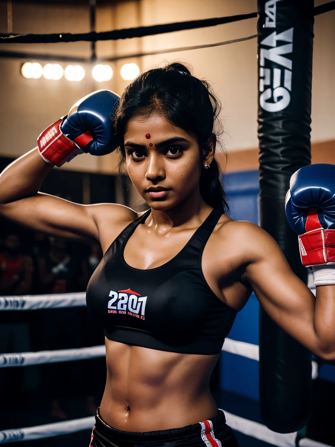 25 year old Tamil girl, eyes symmetry, face symmetry, sports bra, sports shoes, boxing gloves, boxing shoes, determined expression, fury eyes, tightened jaws, toned body, T shaped deep navel, bruise on her cheeks, blood spots on her body, inside the boxing ring, crowd cheering, HDR, hyper realistic