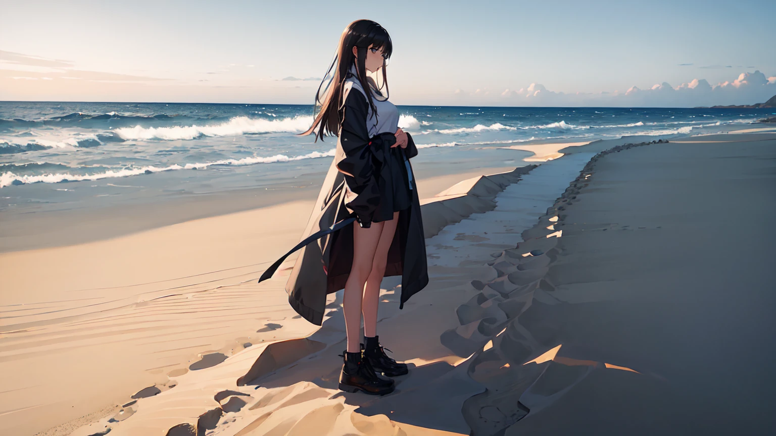 Generate an image of a person standing in front of a calm, clear boundary line drawn in the sand, with a busy, chaotic background on one side and a serene, organized space on the other. The person should look determined and confident, symbolizing the enforcement of boundaries. The background should clearly contrast between stress and peace. Use a semi-realistic style with sharp details to emphasize the clear distinction and the person's resolve.