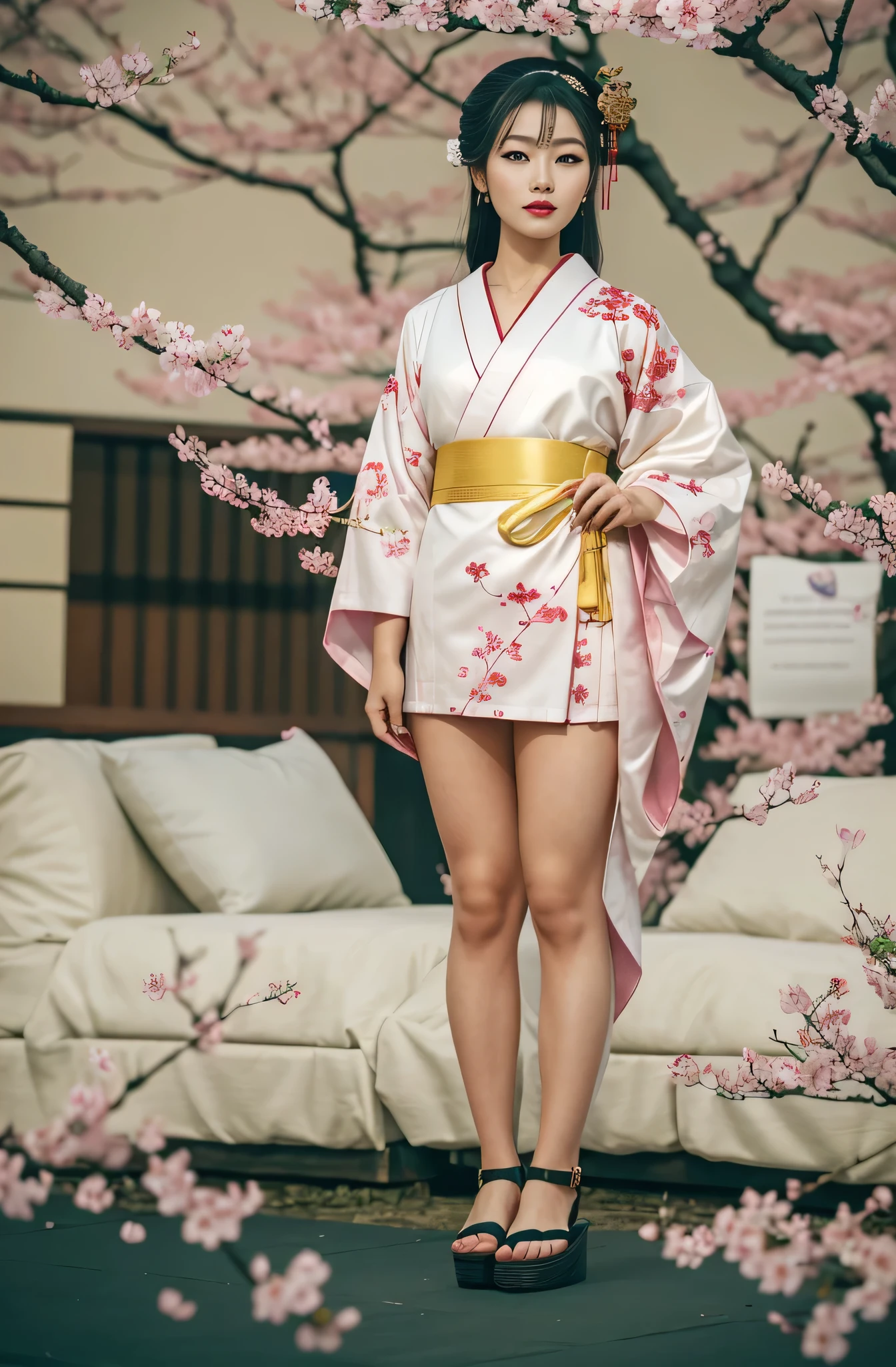 A geisha stands gracefully under the cherry blossoms, There are a lot more, Many red cherry blossom petals fall one after another,
White base makeup on girl&#39;s face without any highlight or shadow decoration. All-white makeup covering face and neck. Red lip makeup is a small mouth that is smaller than the normal lip area. Thick eyeliner can emphasize the eye contour, Strengthen eyes, Pupils appear dark and deep. One-line eyebrows are eye-catching without being harsh, And the whole face is clean. Typical Japanese Geisha makeup,
Wearing a gorgeous kimono embroidered with black and gold cherry blossoms, This is a long-sleeved kimono, Wearing Japanese clogs,
background: under the sunset, Many red cherry blossom petals fall one after another, deep pink and blue, Surrealism, Realistic depiction of light and shadow, Real and exaggerated photos, super high quality, Super detailed details, movie shot, shallow view deep, A geisha stands gracefully under the cherry blossoms, There are a lot more, Many red cherry blossom petals fall one after another, White base makeup on girl&#39;s face without any highlight or shadow decoration. All-white makeup covering face and neck. Red lip makeup is a small mouth that is smaller than the normal lip area. Thick eyeliner can emphasize the eye contour, Strengthen eyes, Pupils appear dark and deep. One-line eyebrows are eye-catching without being harsh, And the whole face is clean. Typical Japanese Geisha makeup, Wearing a gorgeous kimono embroidered with black and gold cherry blossoms, This is a long-sleeved kimono, Wearing Japanese clogs, background: under the sunset, Many red cherry blossom petals fall one after another, deep pink and blue, Realistic depiction of light and shadow, Real and exaggerated photos, super high quality, Super detailed details, movie shot, shallow view deep, Surrealism, UHD, retina, masterpiece, accurate, anatomically correct, textured skin, super detail, high details, high quality, award winning, best quality, 