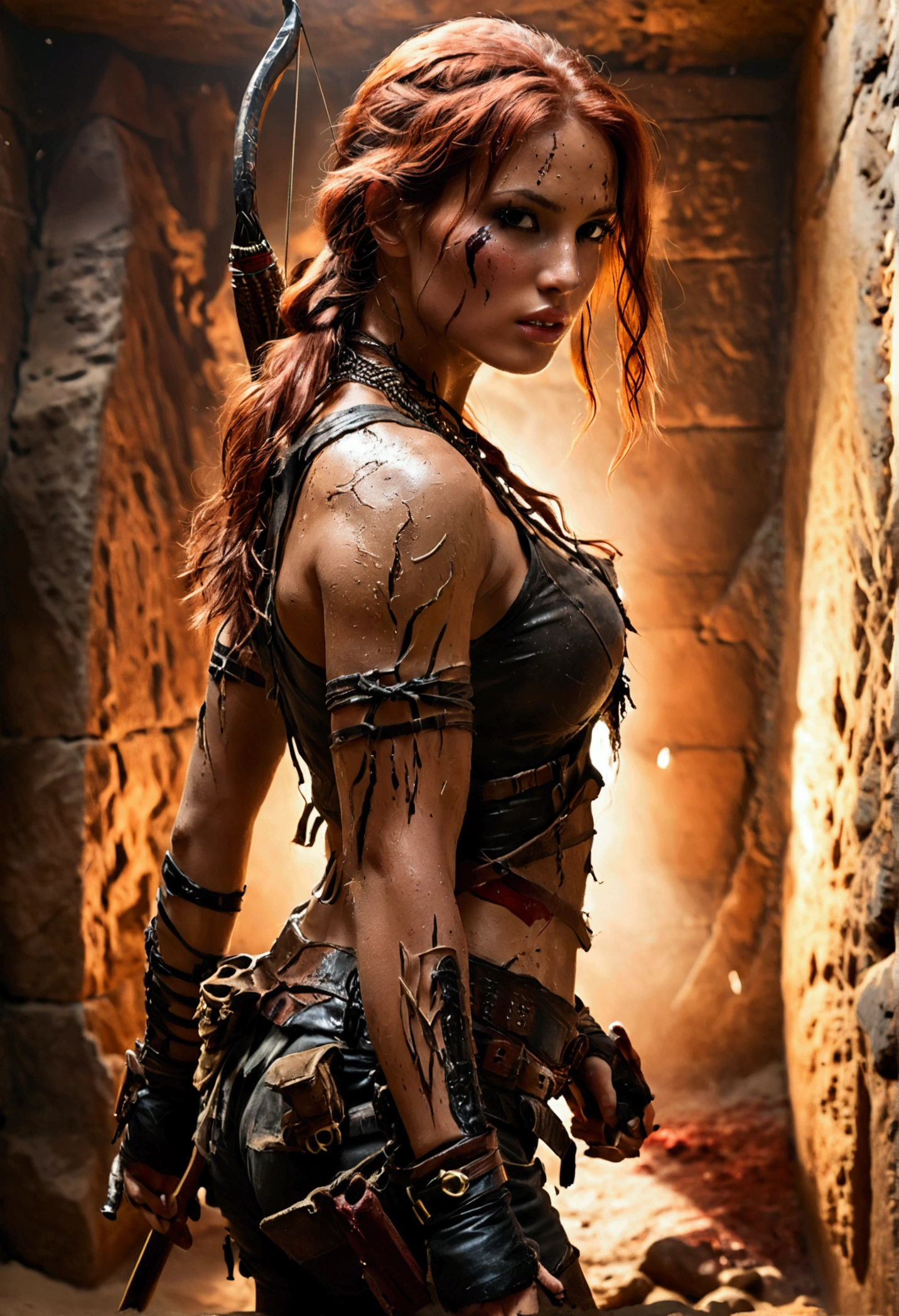 (full body shot:1) photorealistic image of a (standing pose:1) woman, ultrarealistic, photography, long red hair, woman, 24 years old, hourglass figure, perfect body, Flirty look, natural medium breasts, blur background, Full body picture, Lara Croft costume with slightly shiny tanned skin dressed in a Lara Croft outfit, with a very ripped and torn blouse with a plunging neckline, pushed down over her right shoulder; pitchblack dark room inside of a large Egyptian pyramid. Her skin and clothes are dirty with mud. A large dark menacing shadow moves in the background, she has small bloody scratches on her body, she wears brown boots, she is armed with a bow and arrows, sideview, side view, action shot, cinematic shot
