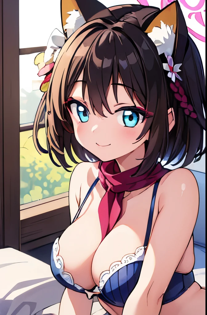 ((masterpiece)), ((best quality)), (ultra-detailed), on the bed, a cute girl, 1girl, solo, underwear00, ((beautiful eyes)), smile