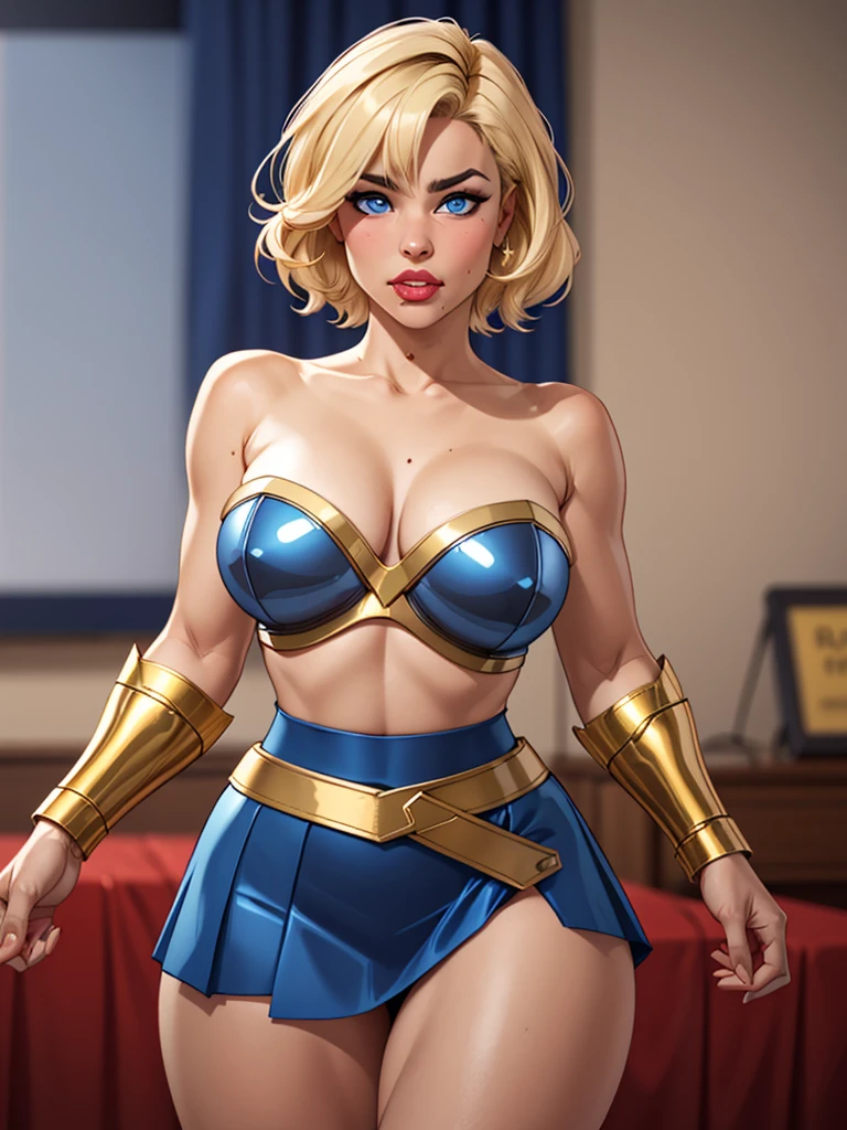 Hot blonde girl, with short hair, blue eyes, wearing an iron strapless, blue armor, with blue steel, Wearing a blue latex shirt underneath the armor, breasts with gold details, wearing a strappy skirt, thick thighs
